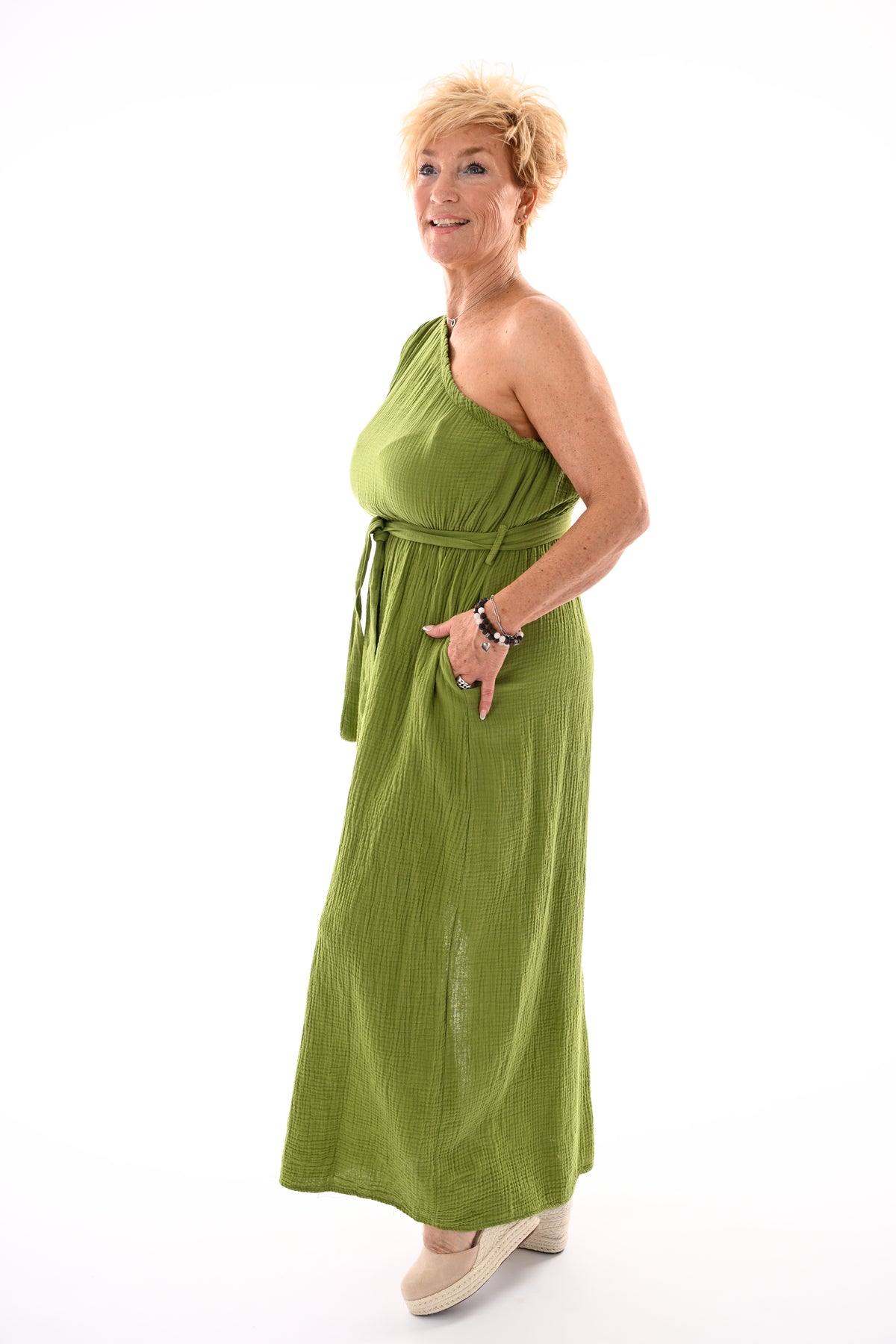Lange wafel jurk one-shoulder pistache