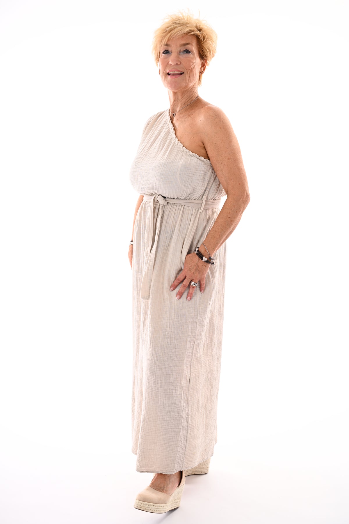 Lange wafel jurk one-shoulder beige