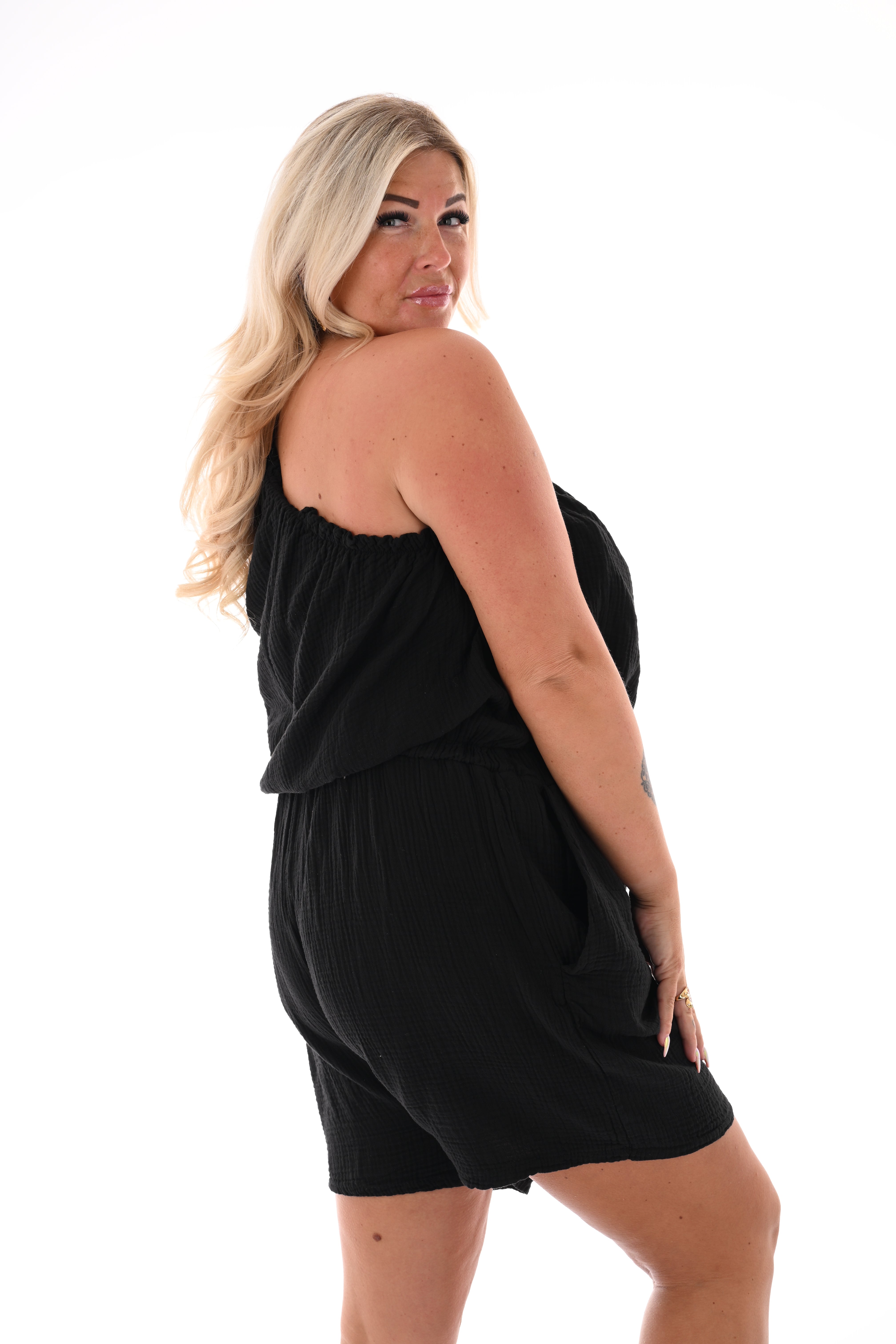 One-sleeve wafel playsuit zwart