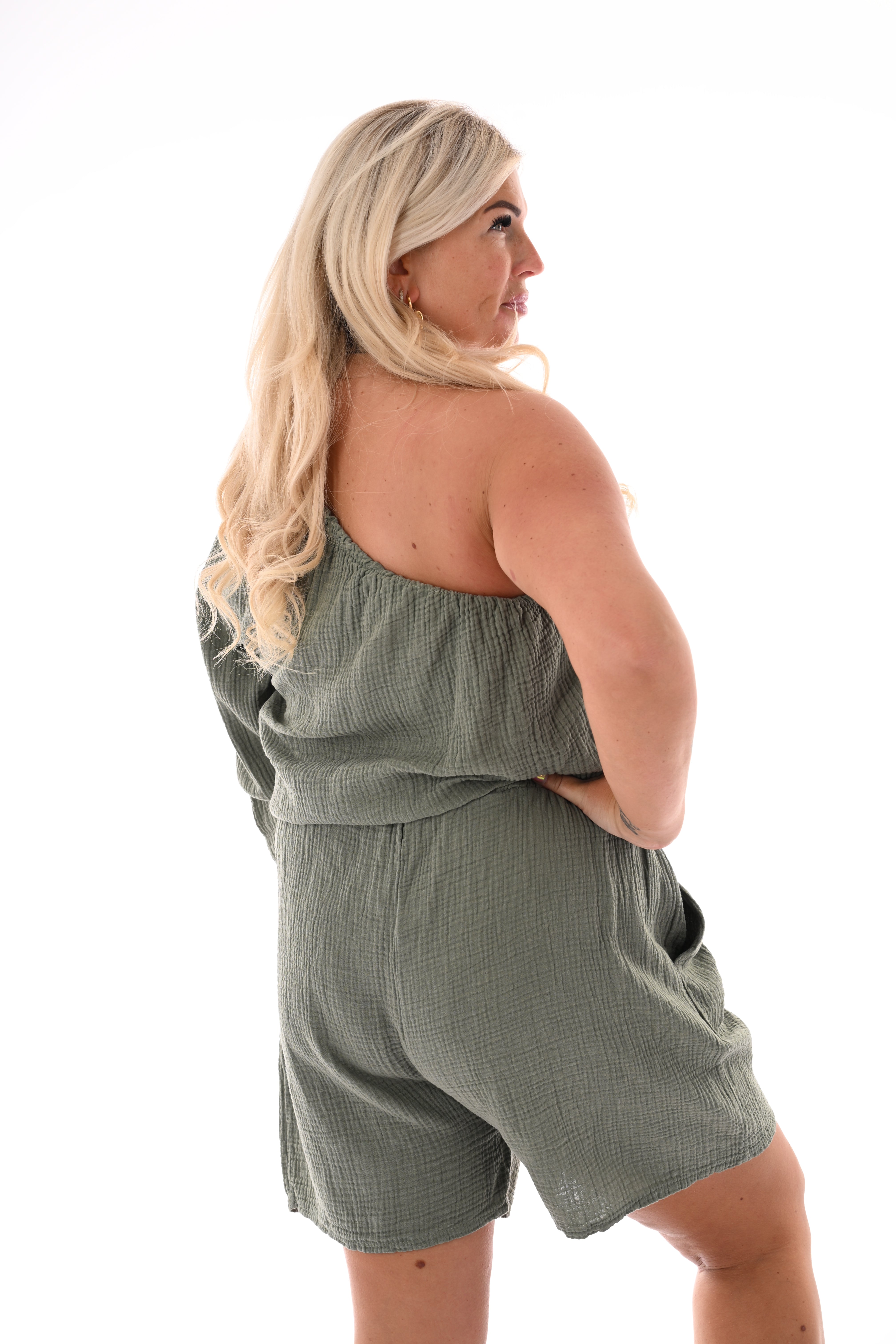 One-sleeve wafel playsuit legergroen