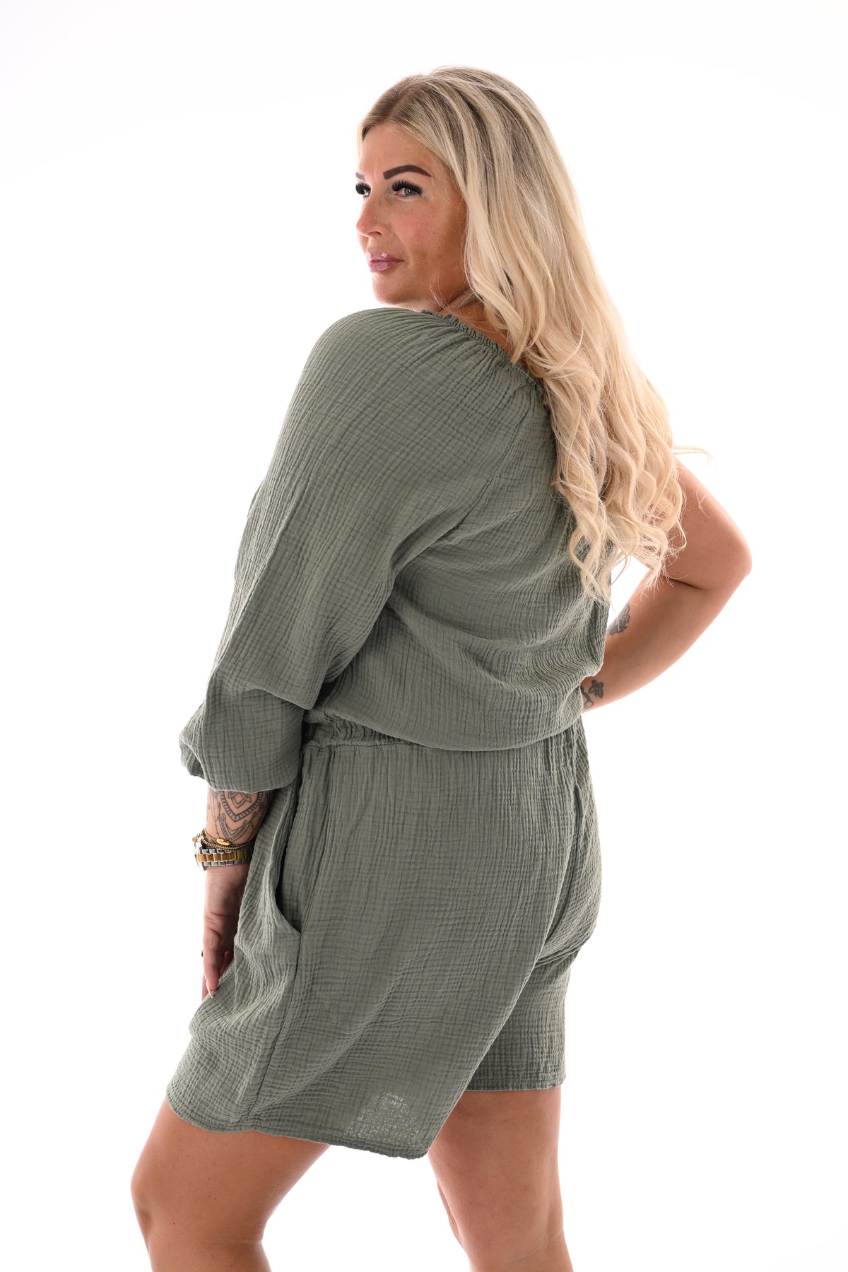 One-sleeve wafel playsuit legergroen