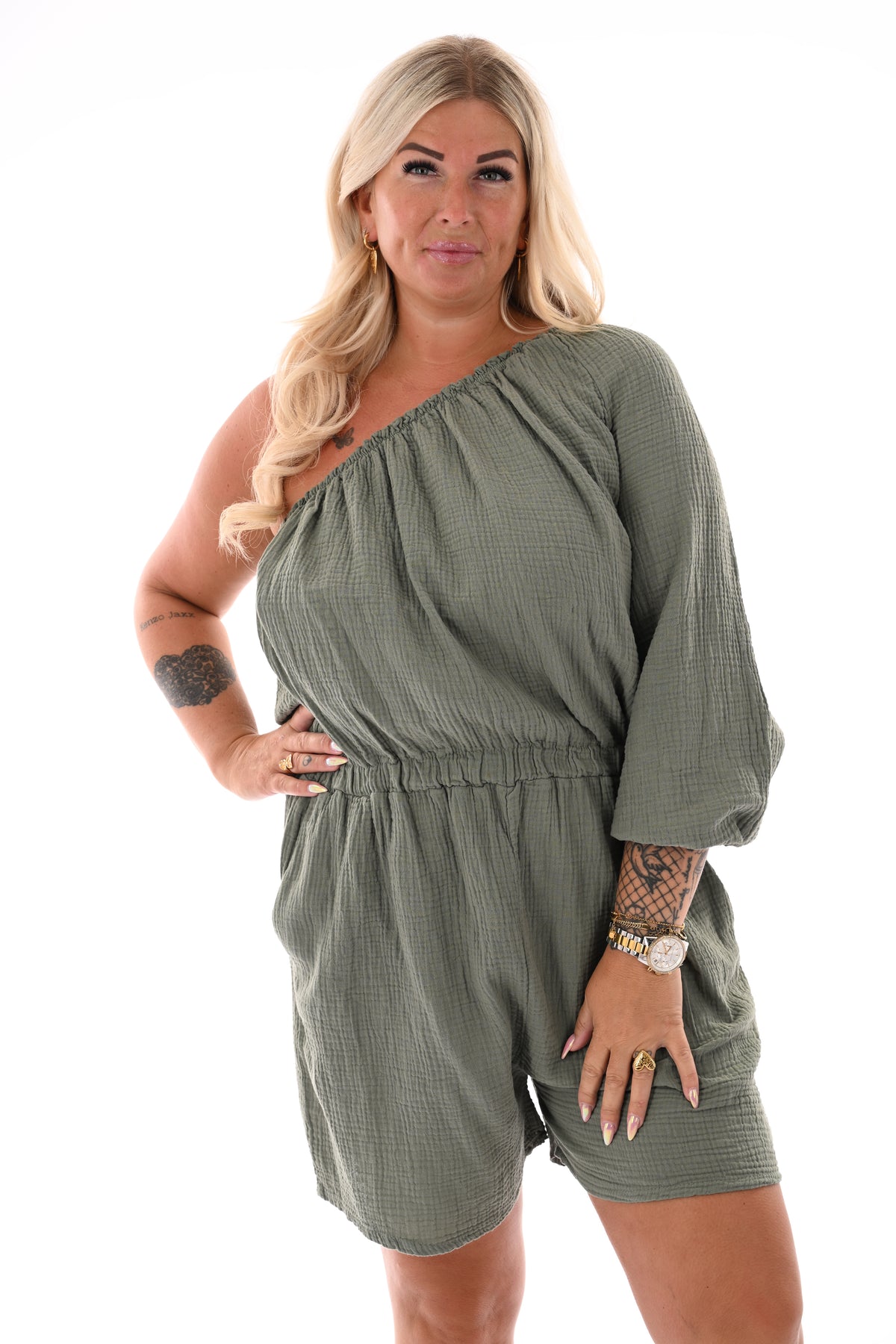 One-sleeve wafel playsuit legergroen