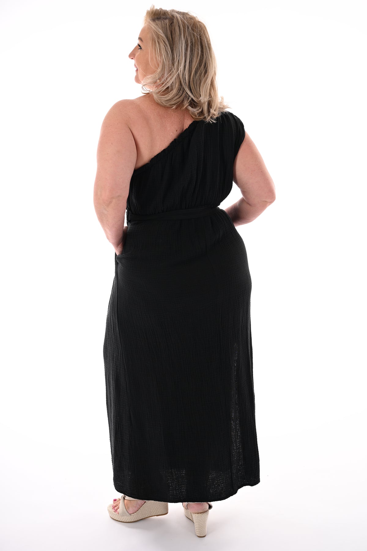 Lange wafel jurk one-shoulder zwart