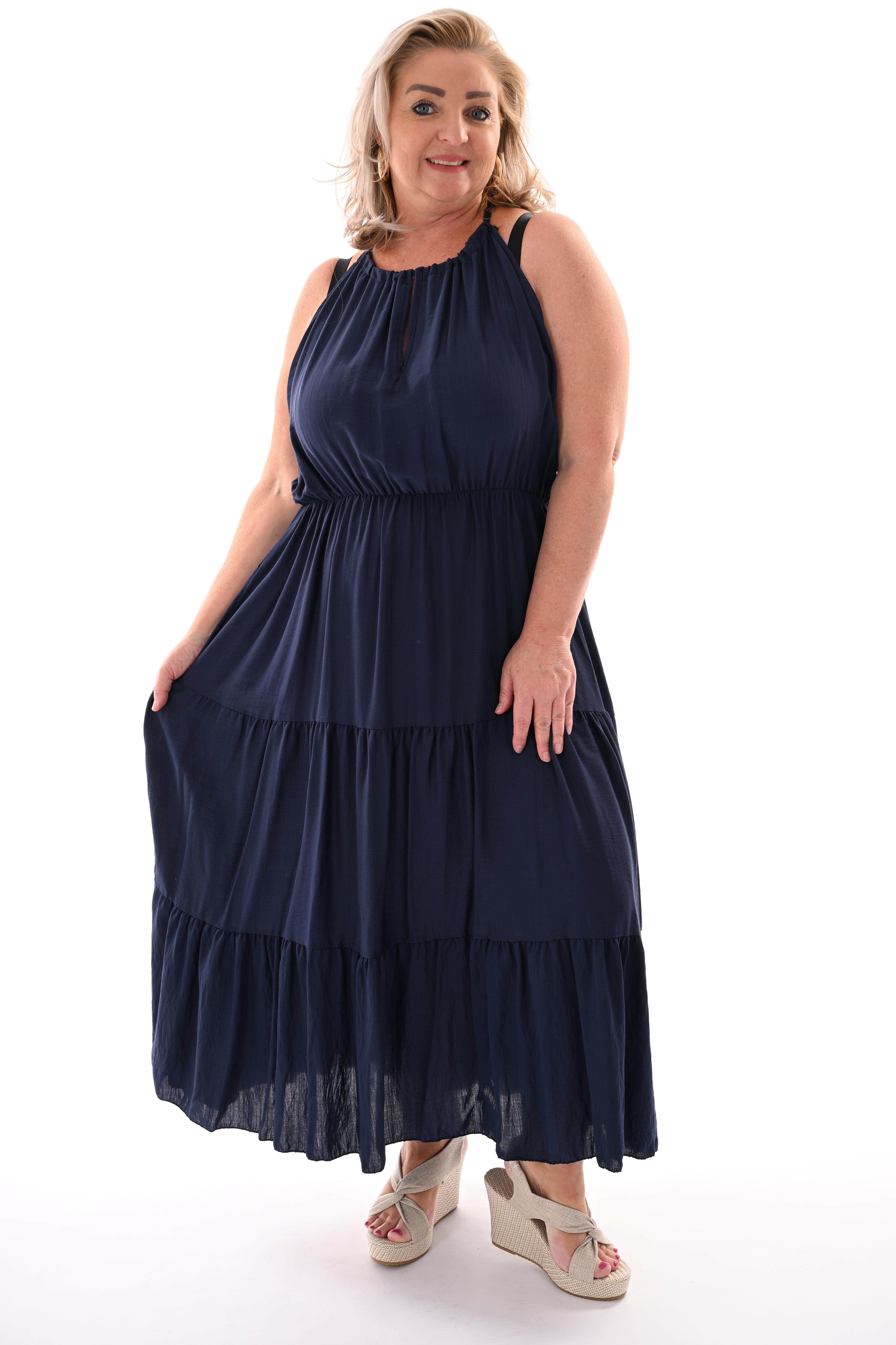 Maxi halterjurk stroken uni marineblauw