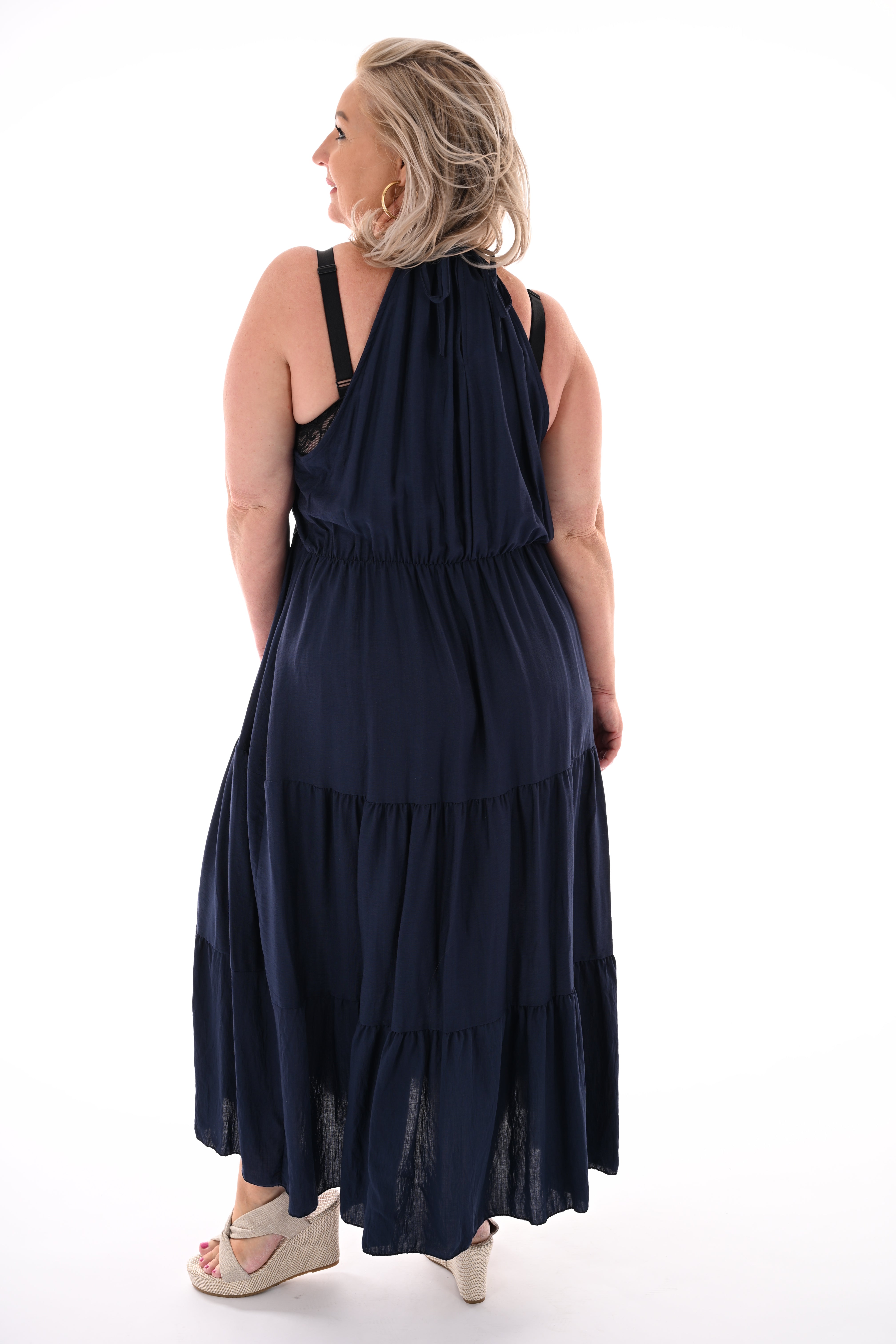 Maxi halterjurk stroken uni marineblauw