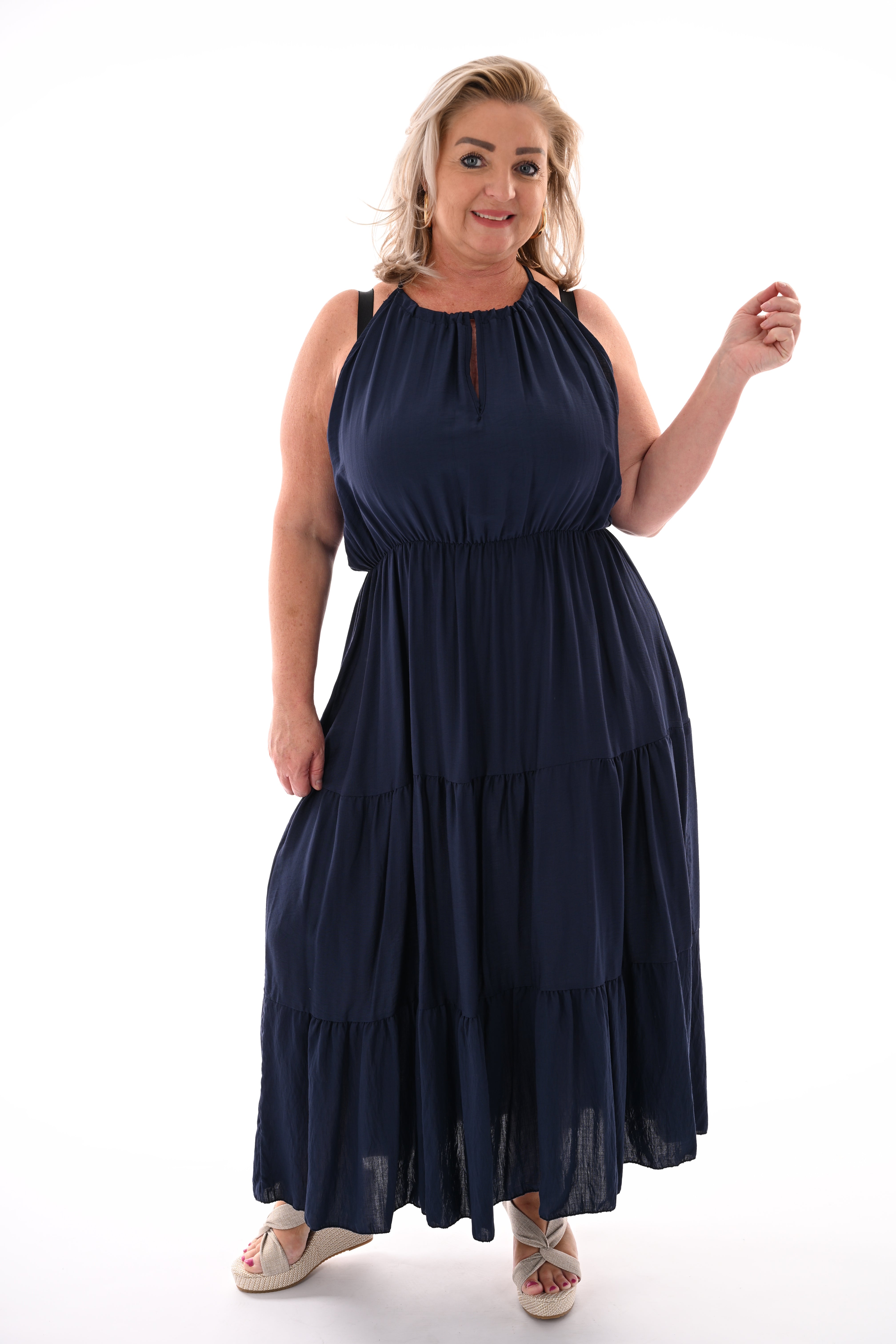Maxi halterjurk stroken uni marineblauw