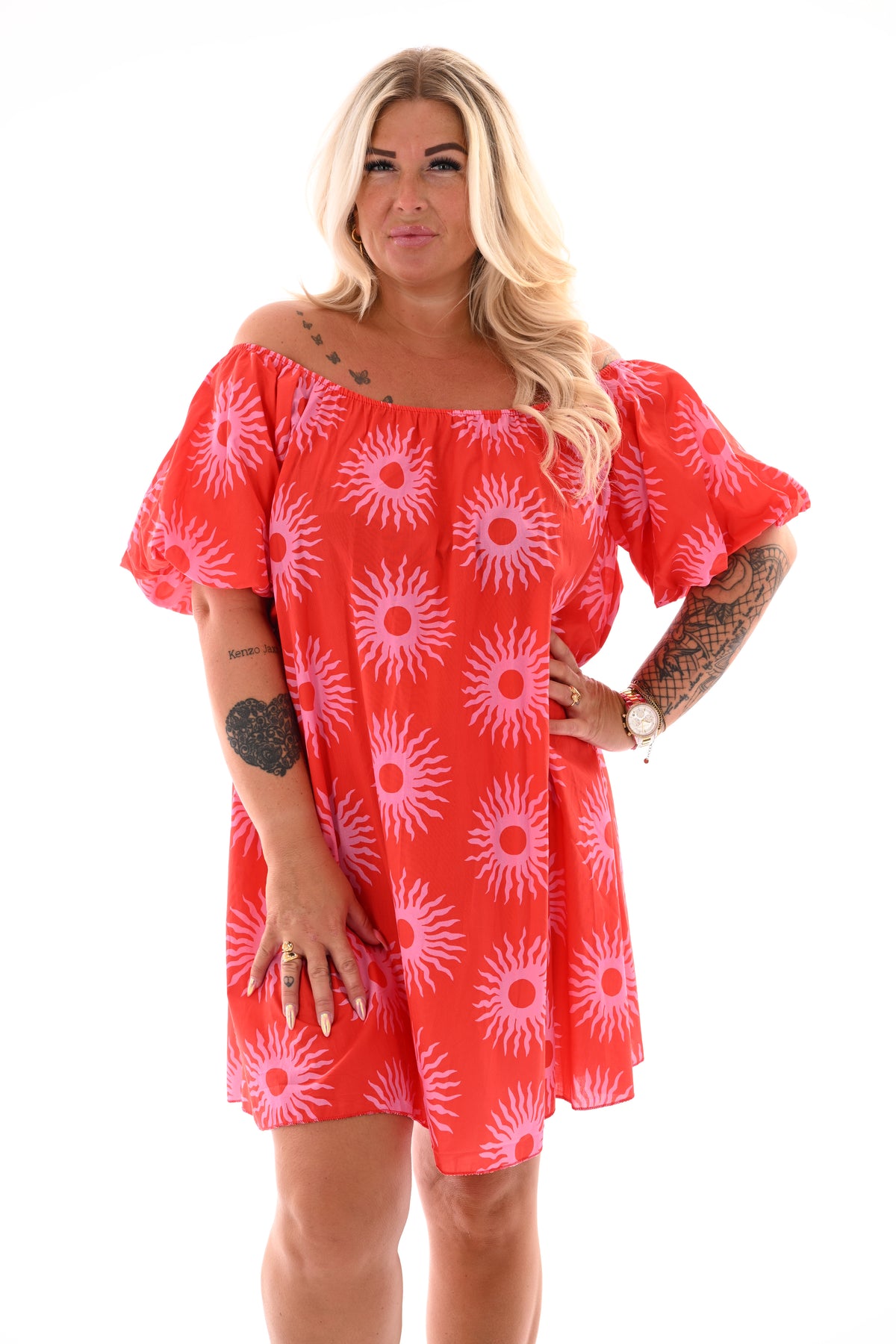 Off-shoulder jurk korte pofmouwen zon rood/lichtroze