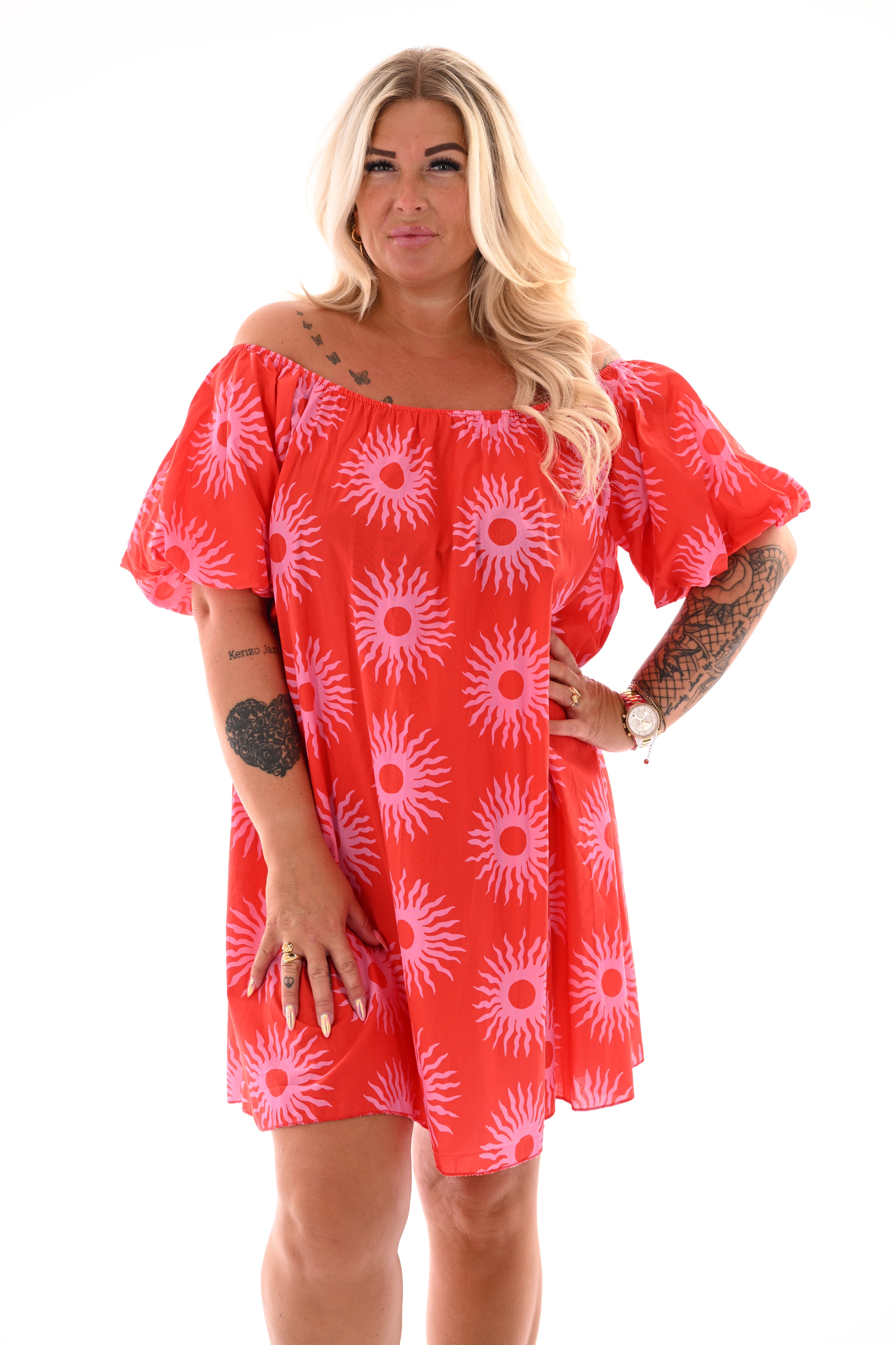 Off-shoulder jurk korte pofmouwen zon rood/lichtroze