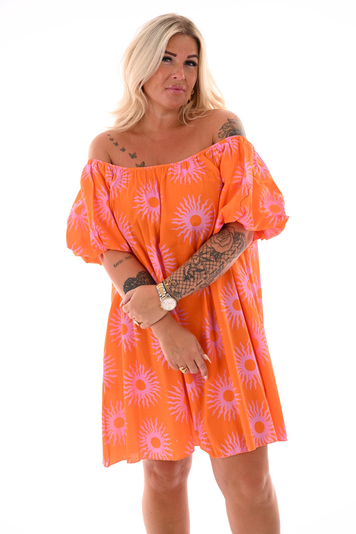 Off-shoulder jurk korte pofmouwen zon lichtroze/oranje
