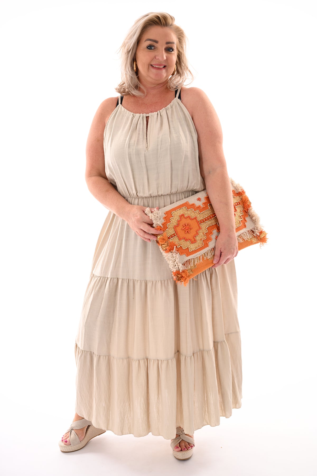 Maxi halterjurk stroken uni beige
