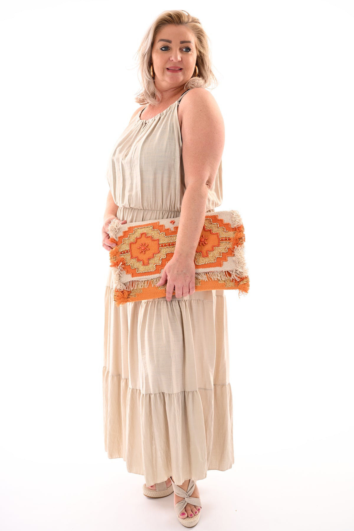 Maxi halterjurk stroken uni beige