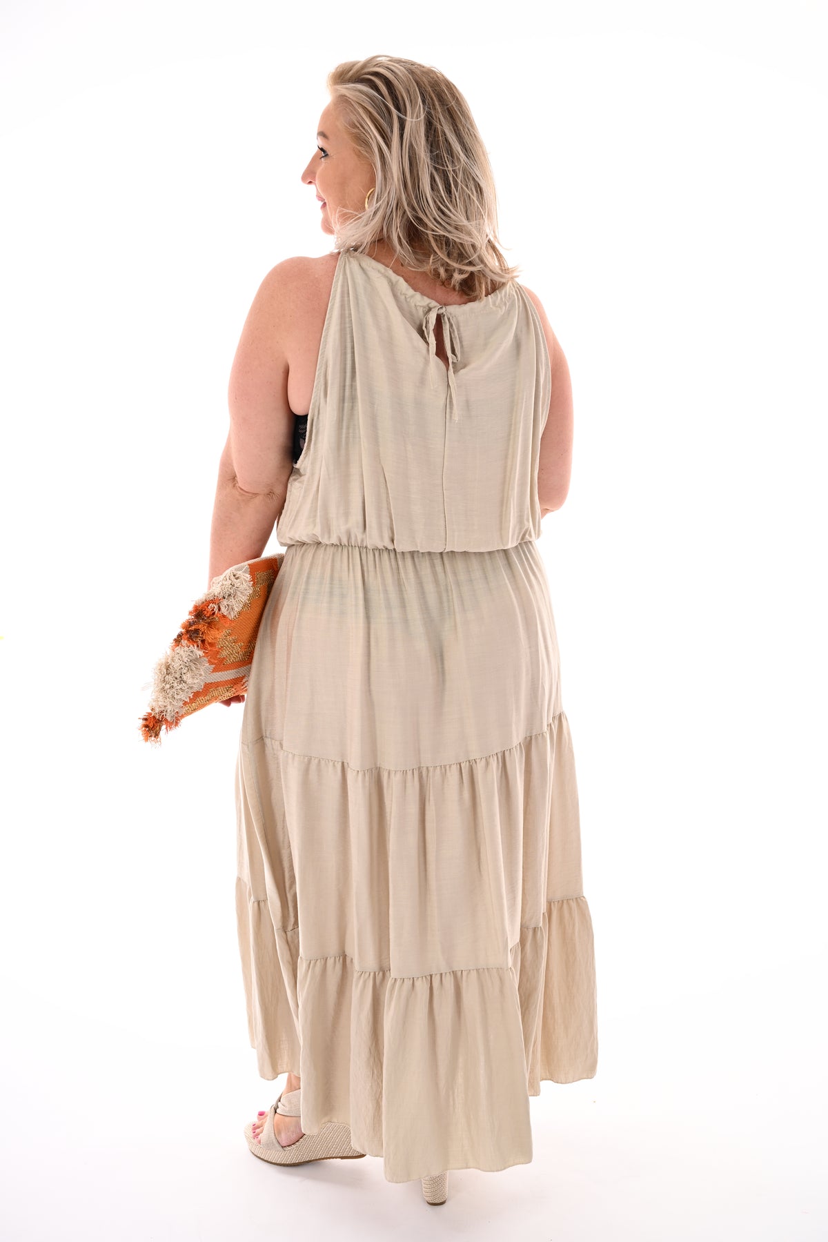 Maxi halterjurk stroken uni beige