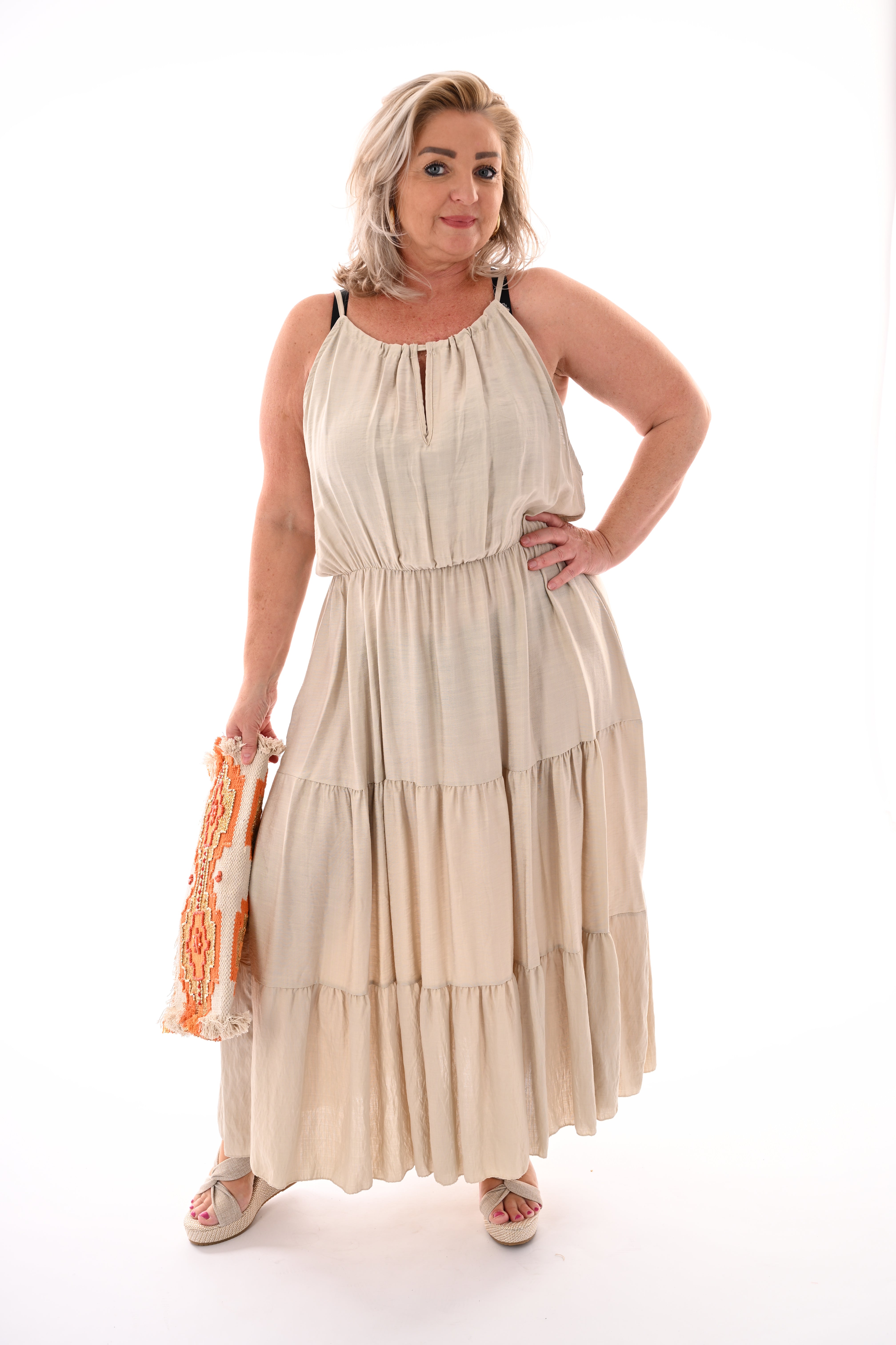 Maxi halterjurk stroken uni beige