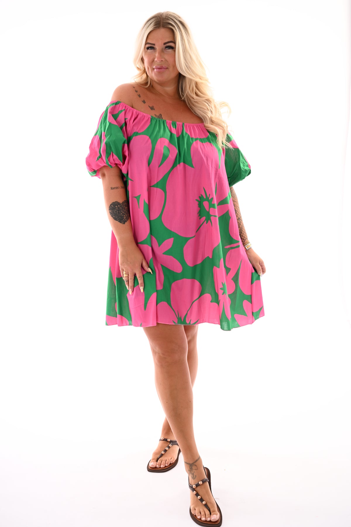 Off-shoulder jurk korte pofmouwen bloem roze/groen