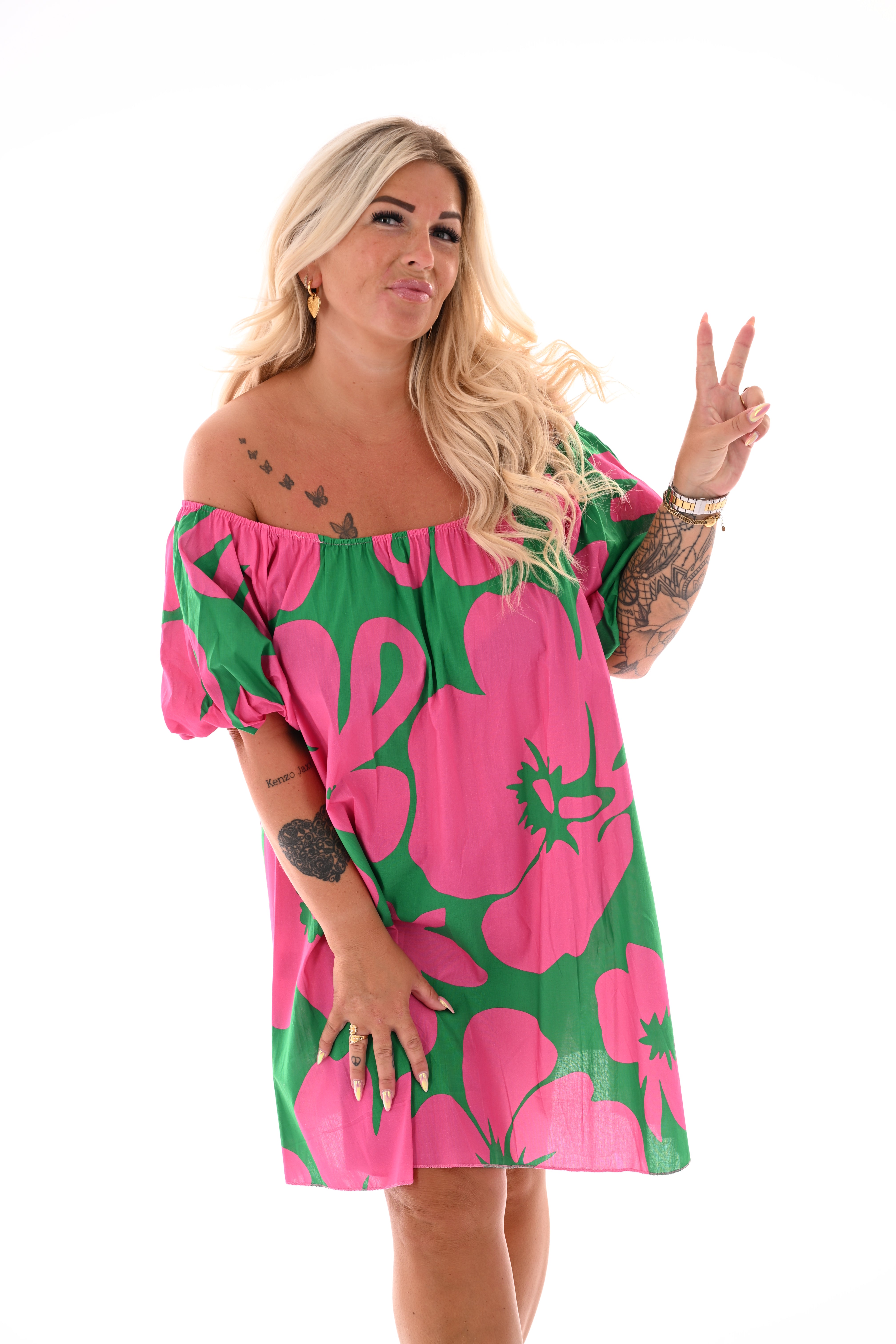 Off-shoulder jurk korte pofmouwen bloem roze/groen