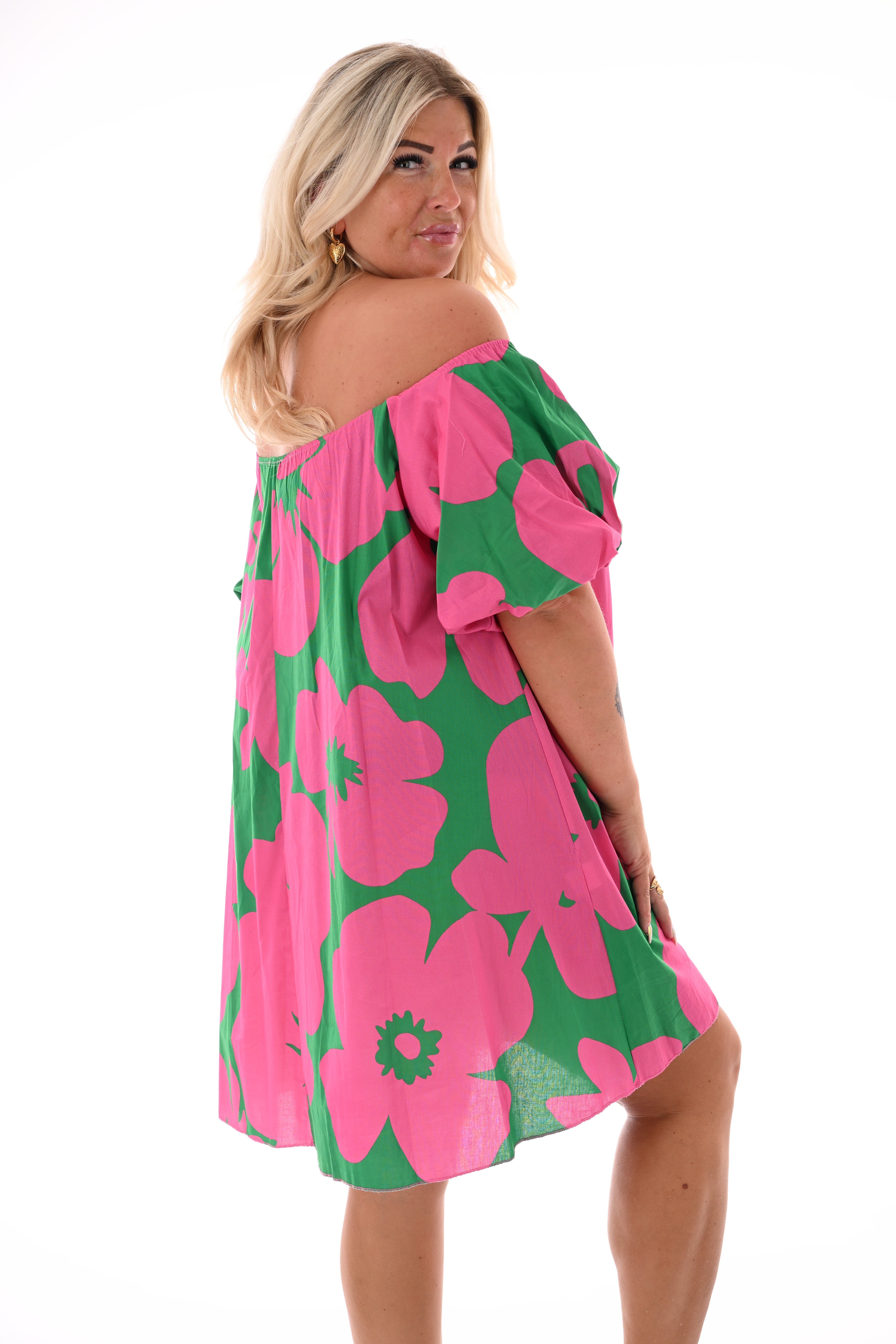 Off-shoulder jurk korte pofmouwen bloem roze/groen