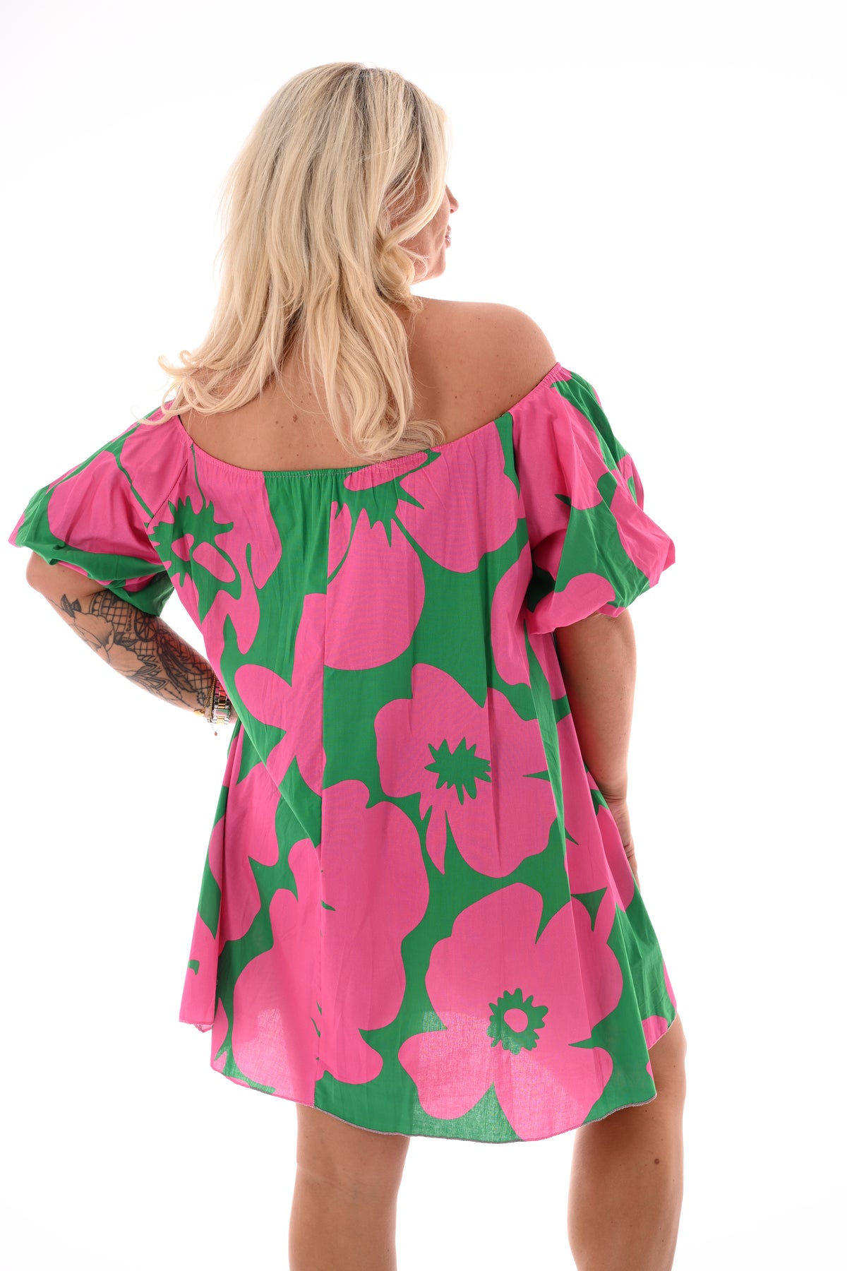 Off-shoulder jurk korte pofmouwen bloem roze/groen