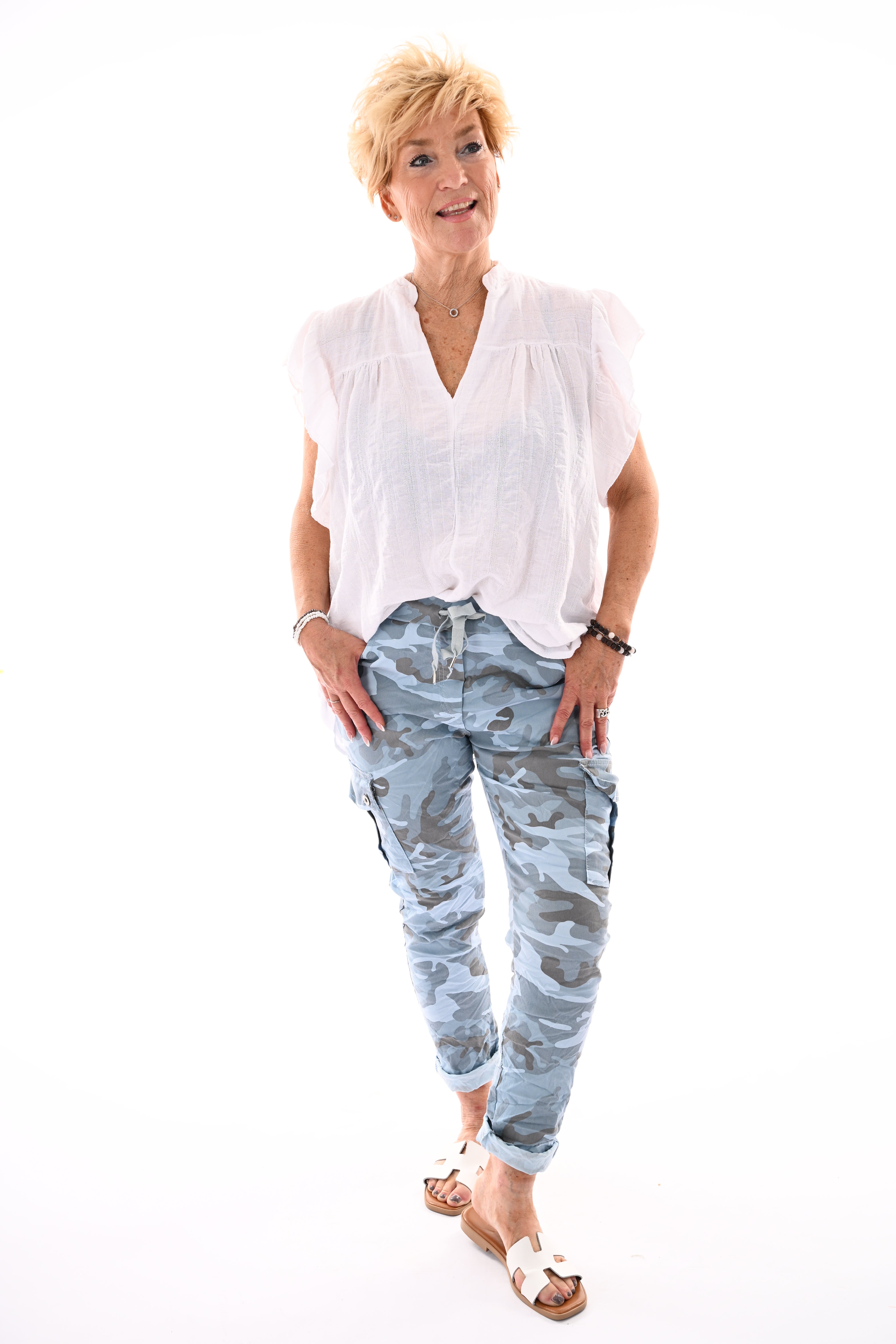 Stretchbroek camouflage cargo lichtblauw