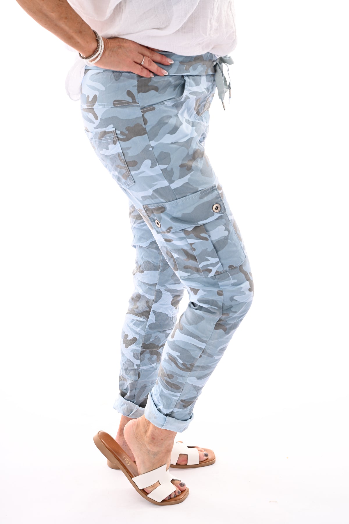 Stretchbroek camouflage cargo lichtblauw