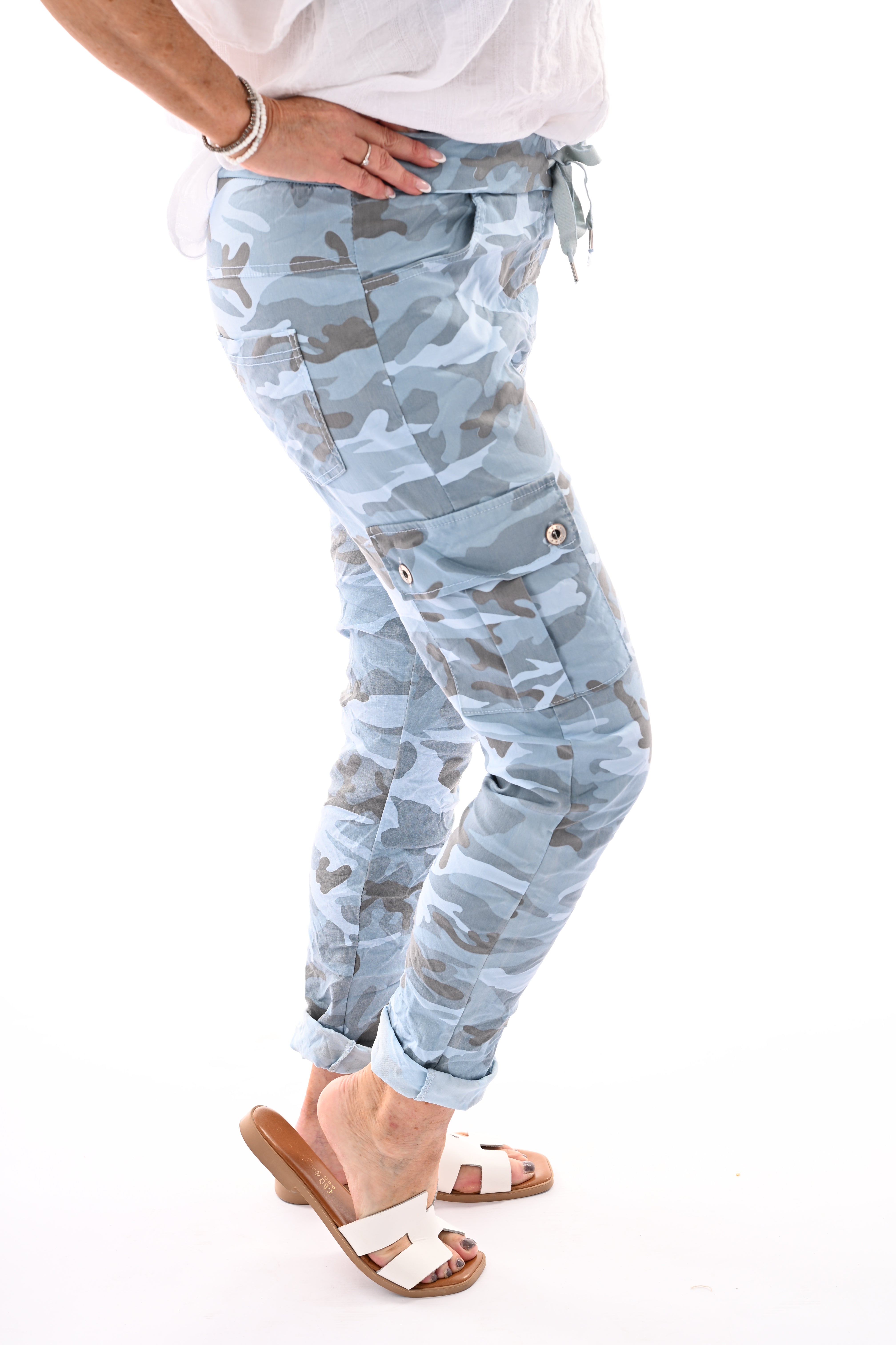 Stretchbroek camouflage cargo lichtblauw