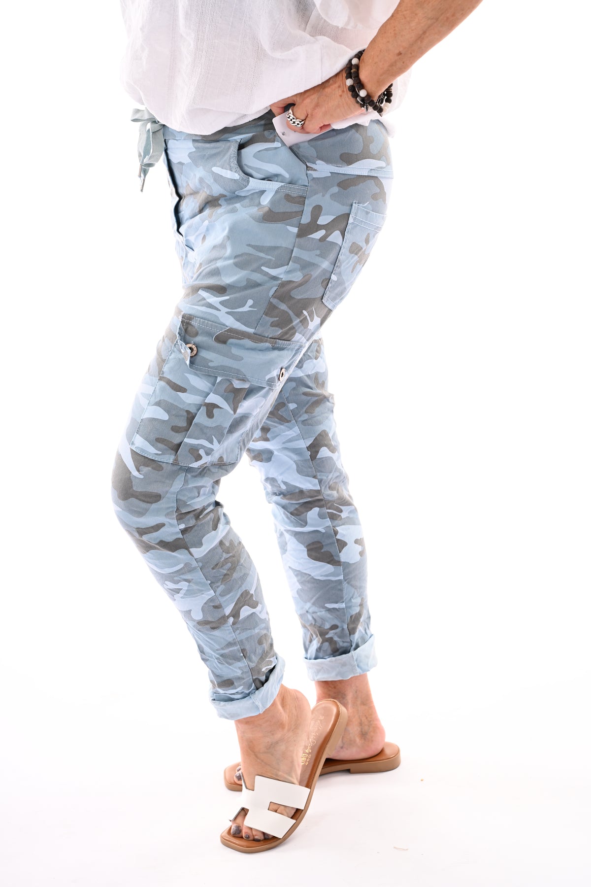 Stretchbroek camouflage cargo lichtblauw