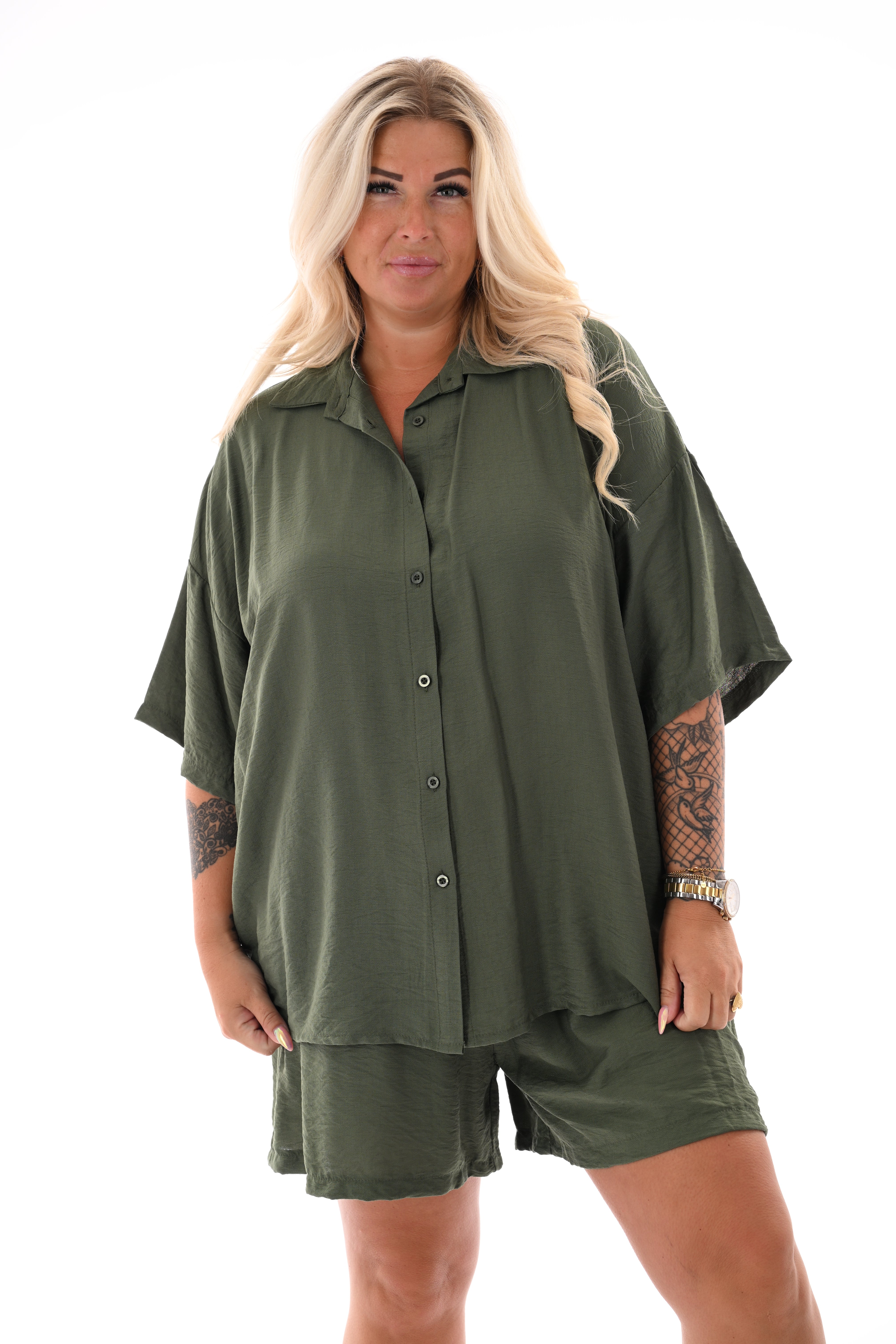 Twinset met wijde blouse uni donkergroen