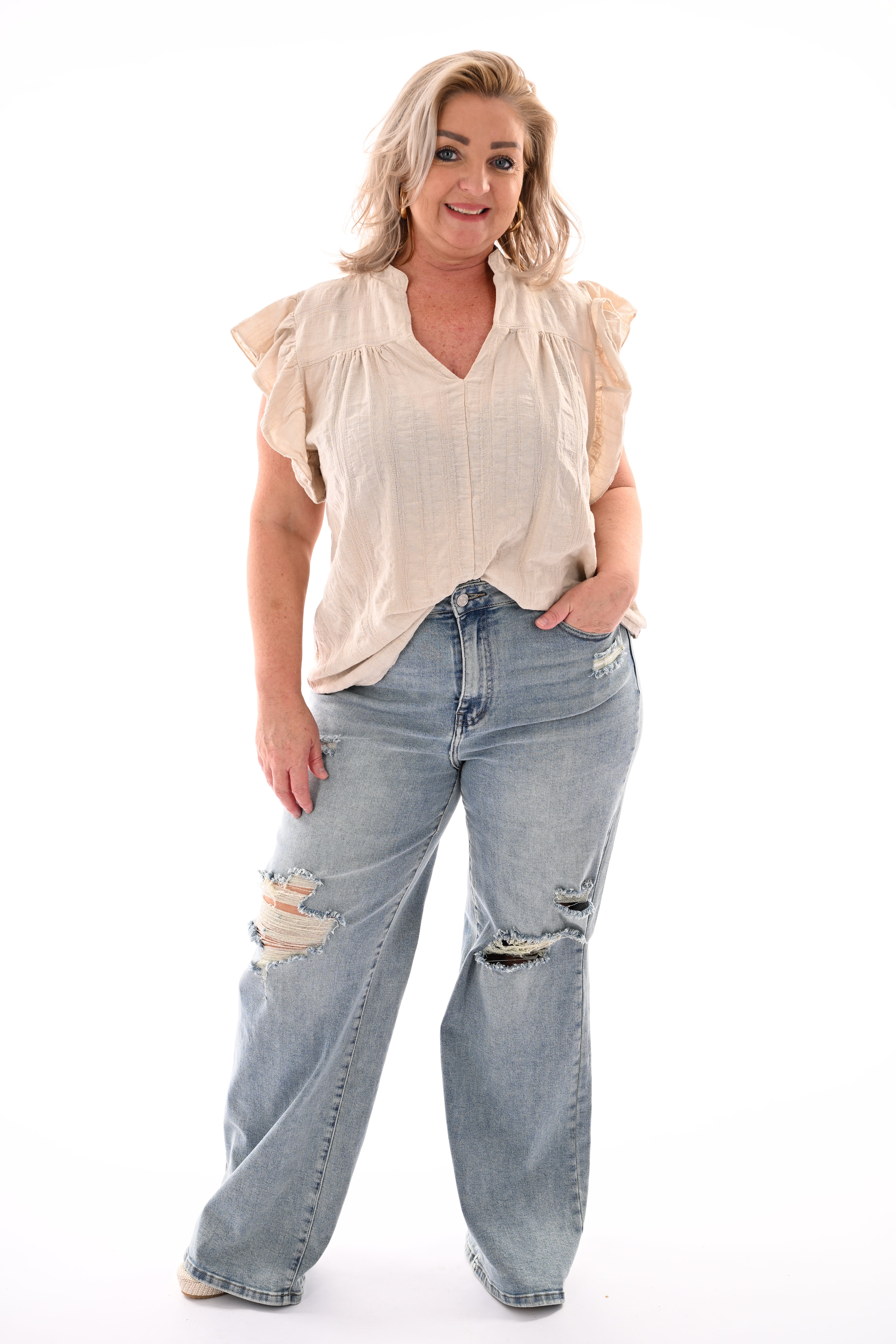 Top korte roezelmouwen v-hals beige