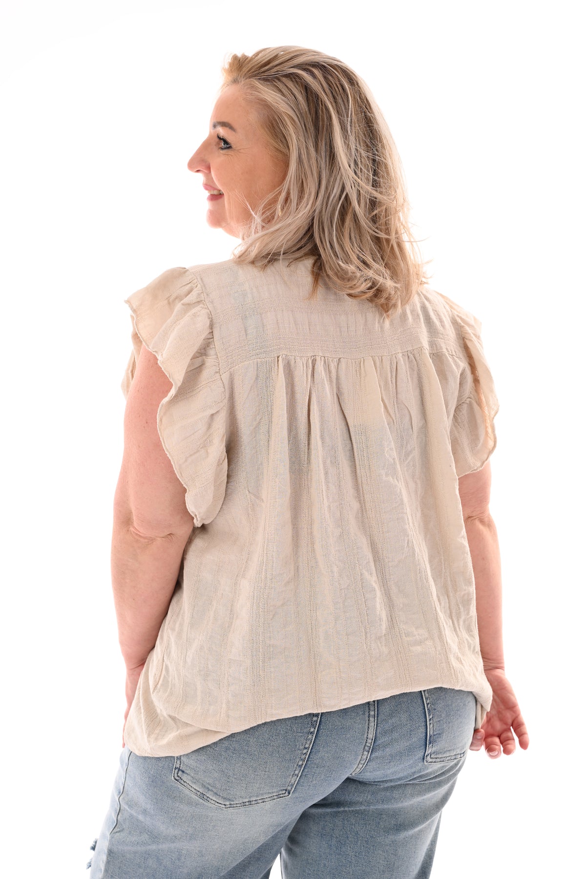 Top korte roezelmouwen v-hals beige