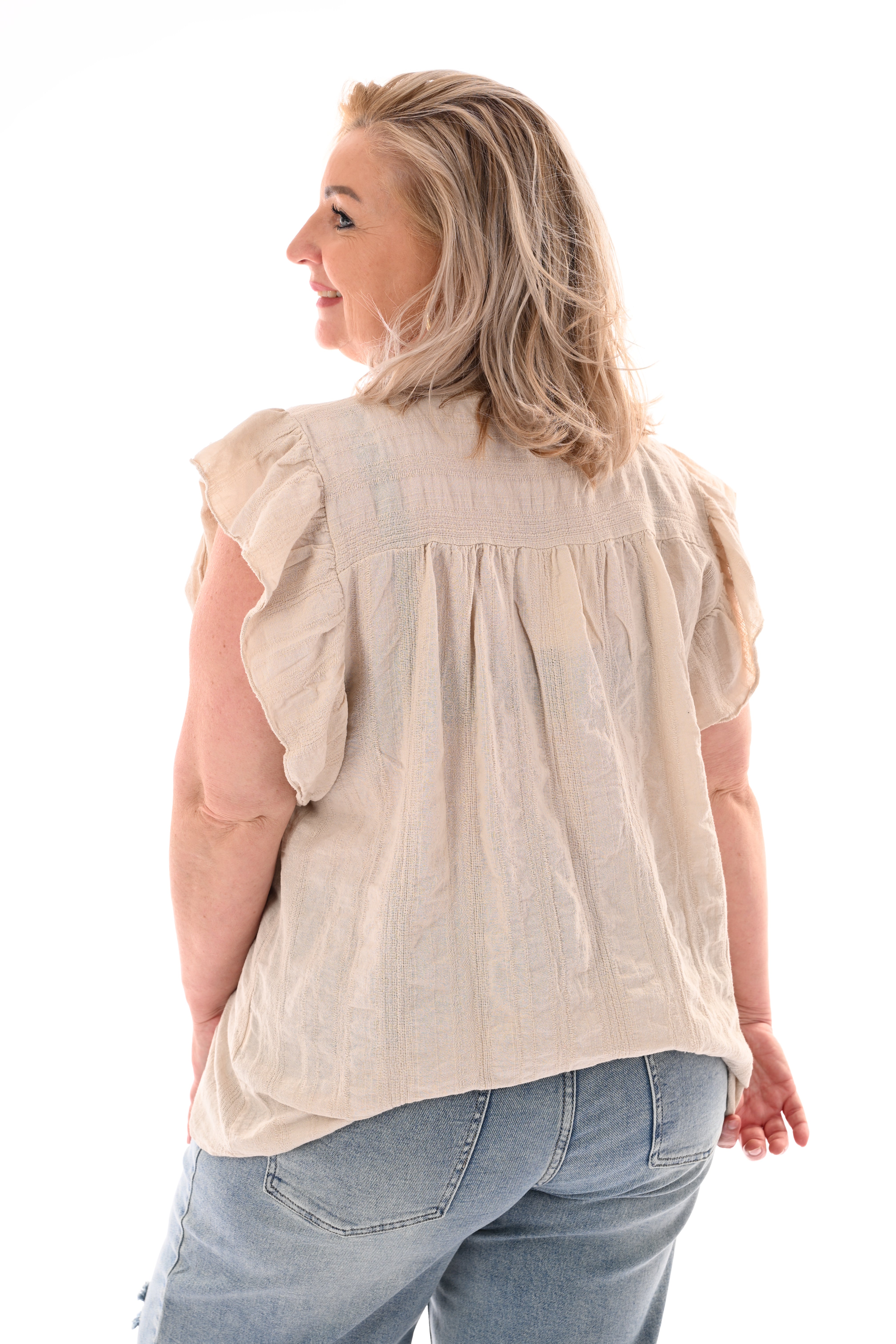 Top korte roezelmouwen v-hals beige