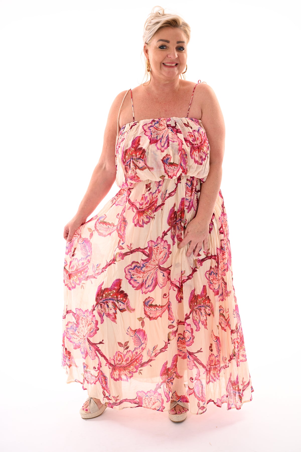 Jurk off-shoulder bloemblad fuchsia
