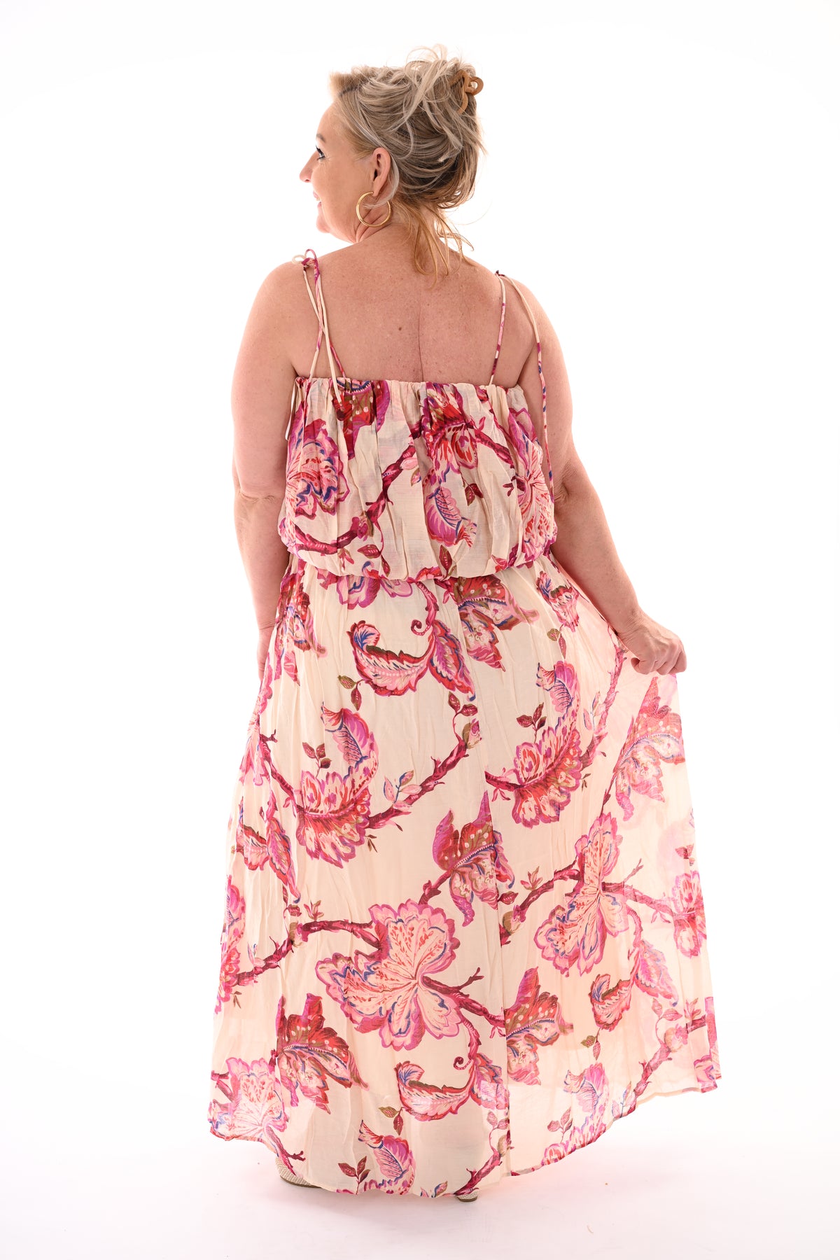 Jurk off-shoulder bloemblad fuchsia