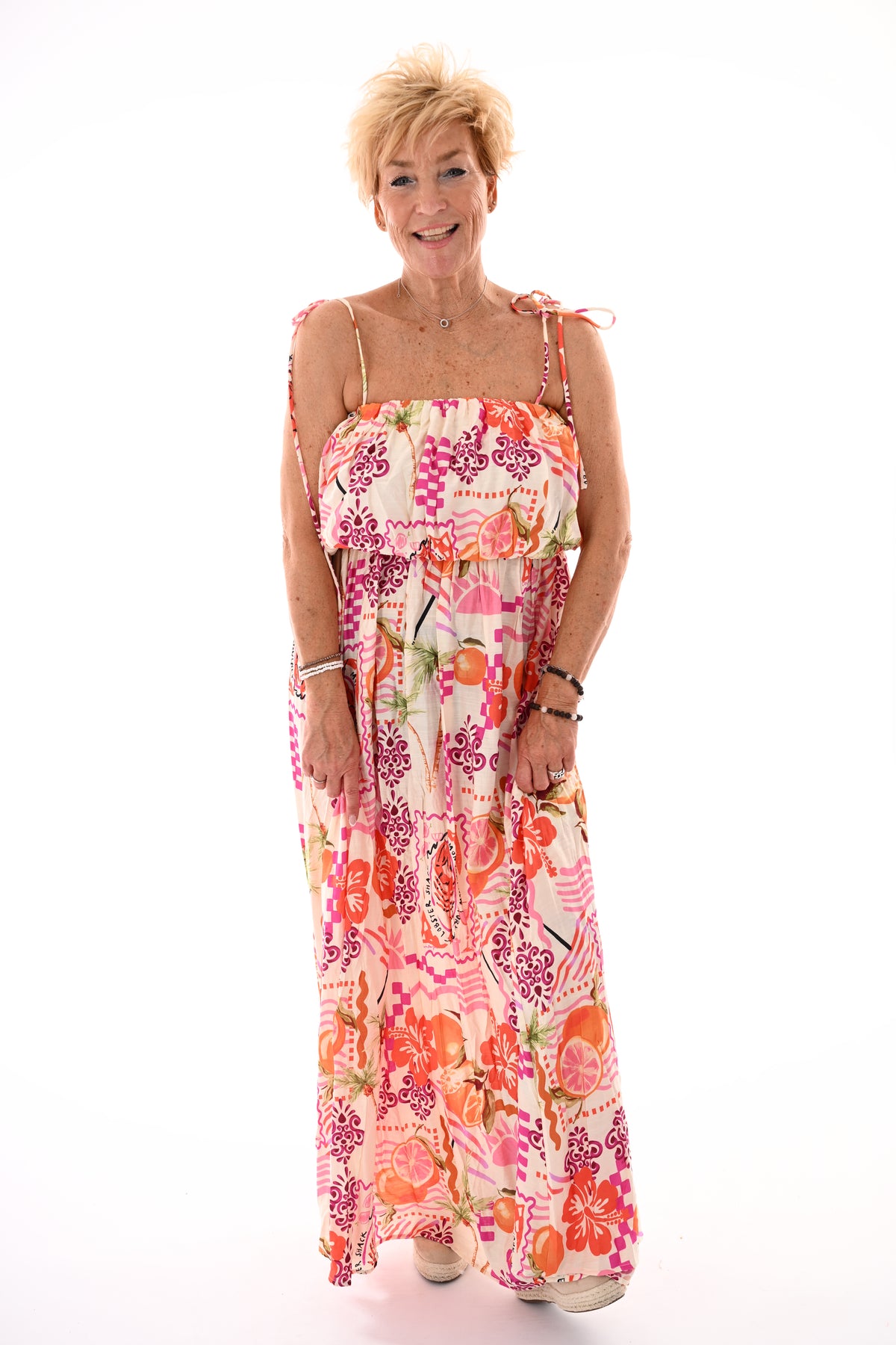 Jurk off-shoulder multi print fuchsia/oranje