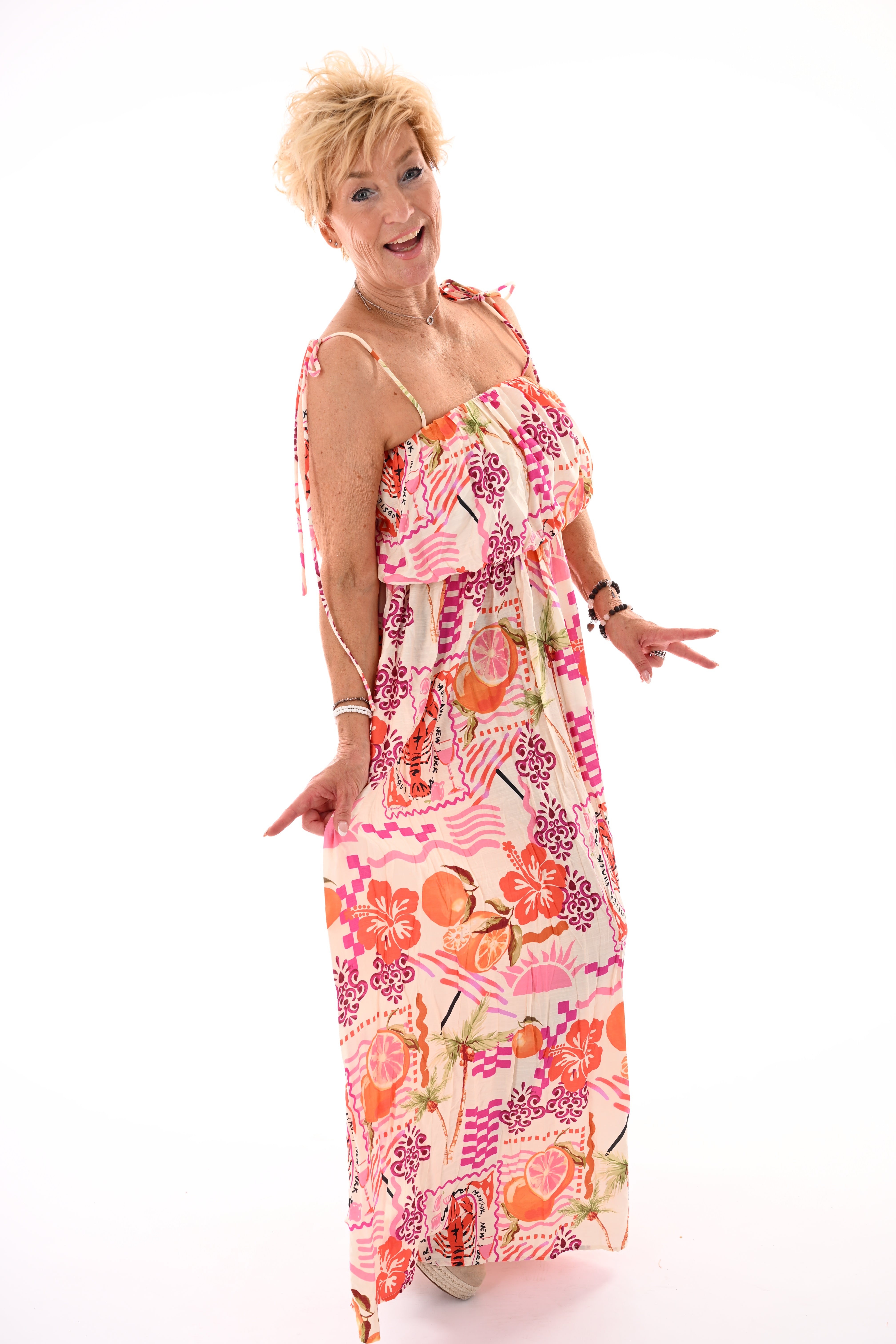 Jurk off-shoulder multi print fuchsia/oranje