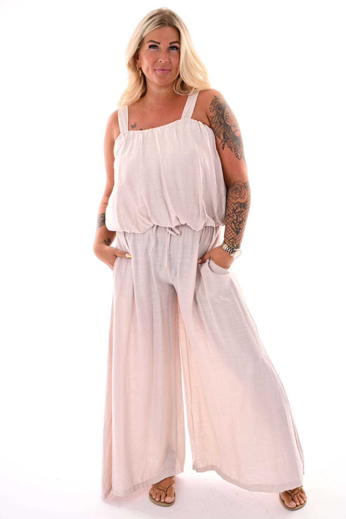 Tweedelig set korte ballon top beige