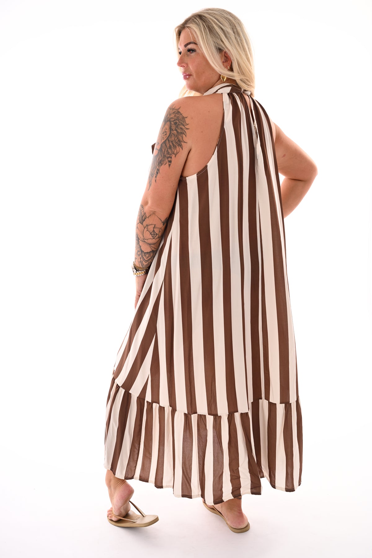 Lange halter jurk met strepen creme/donkerbruin