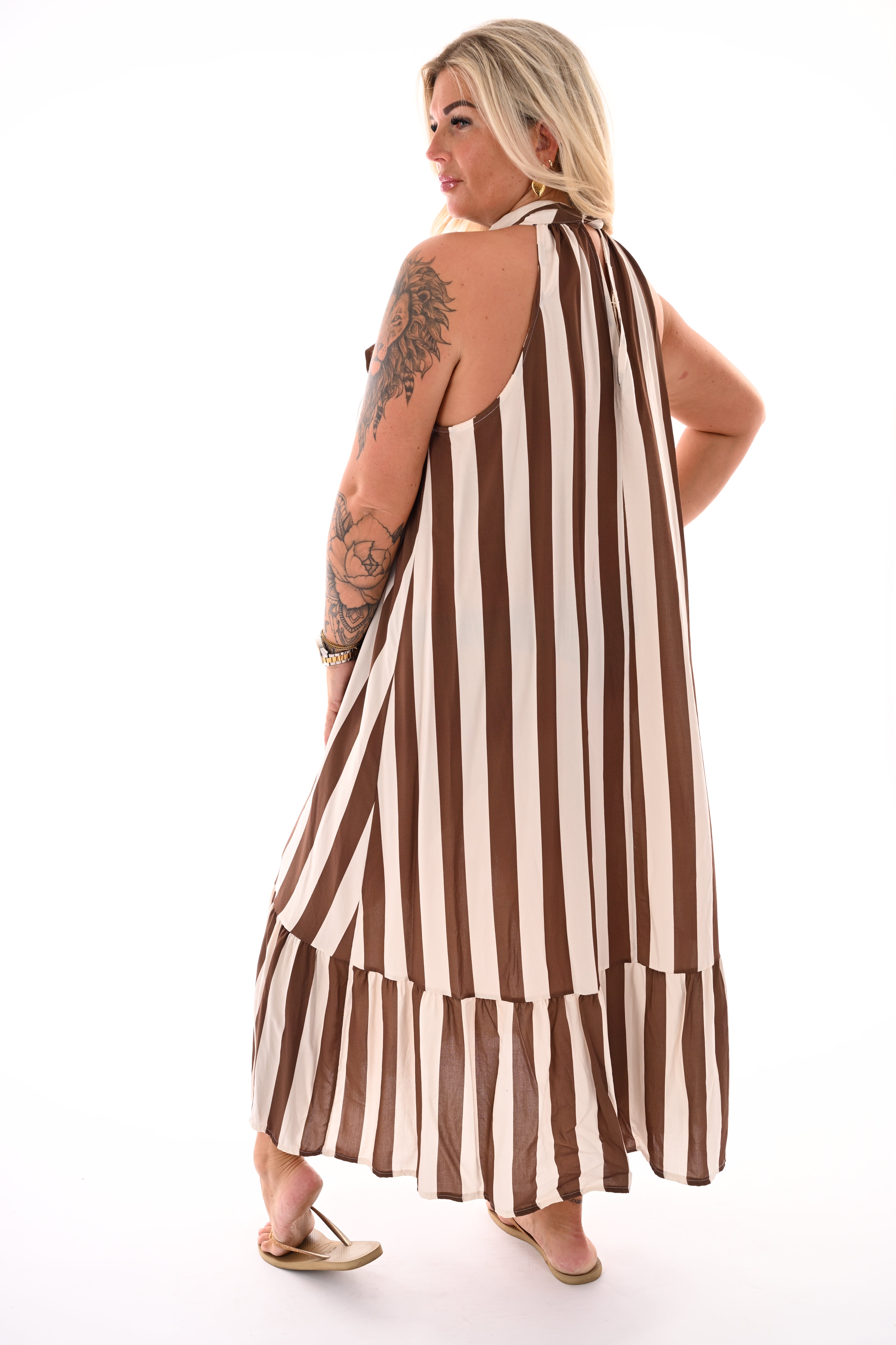 Lange halter jurk met strepen creme/donkerbruin