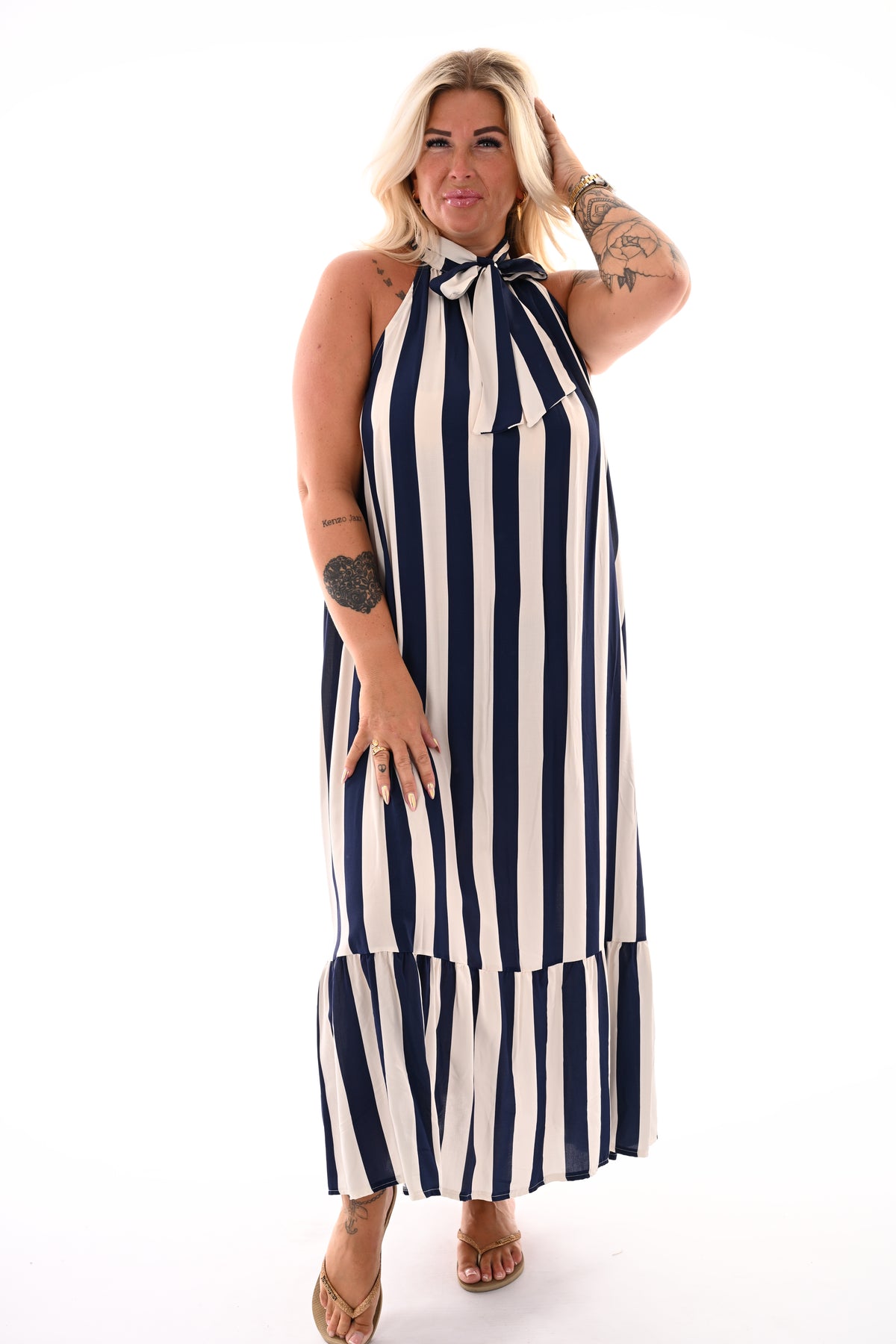Lange halter jurk met strepen creme/marineblauw
