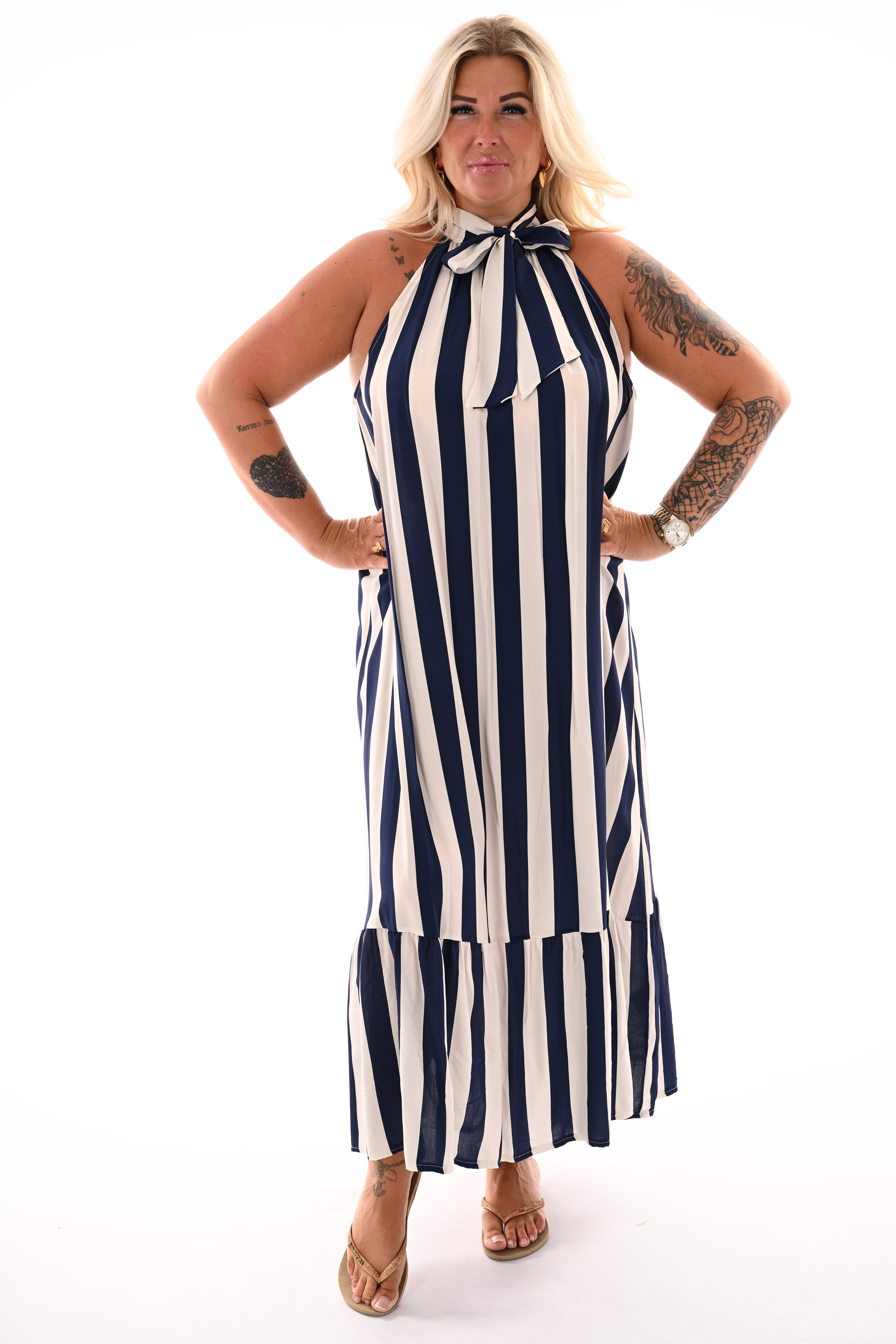 Lange halter jurk met strepen creme/marineblauw