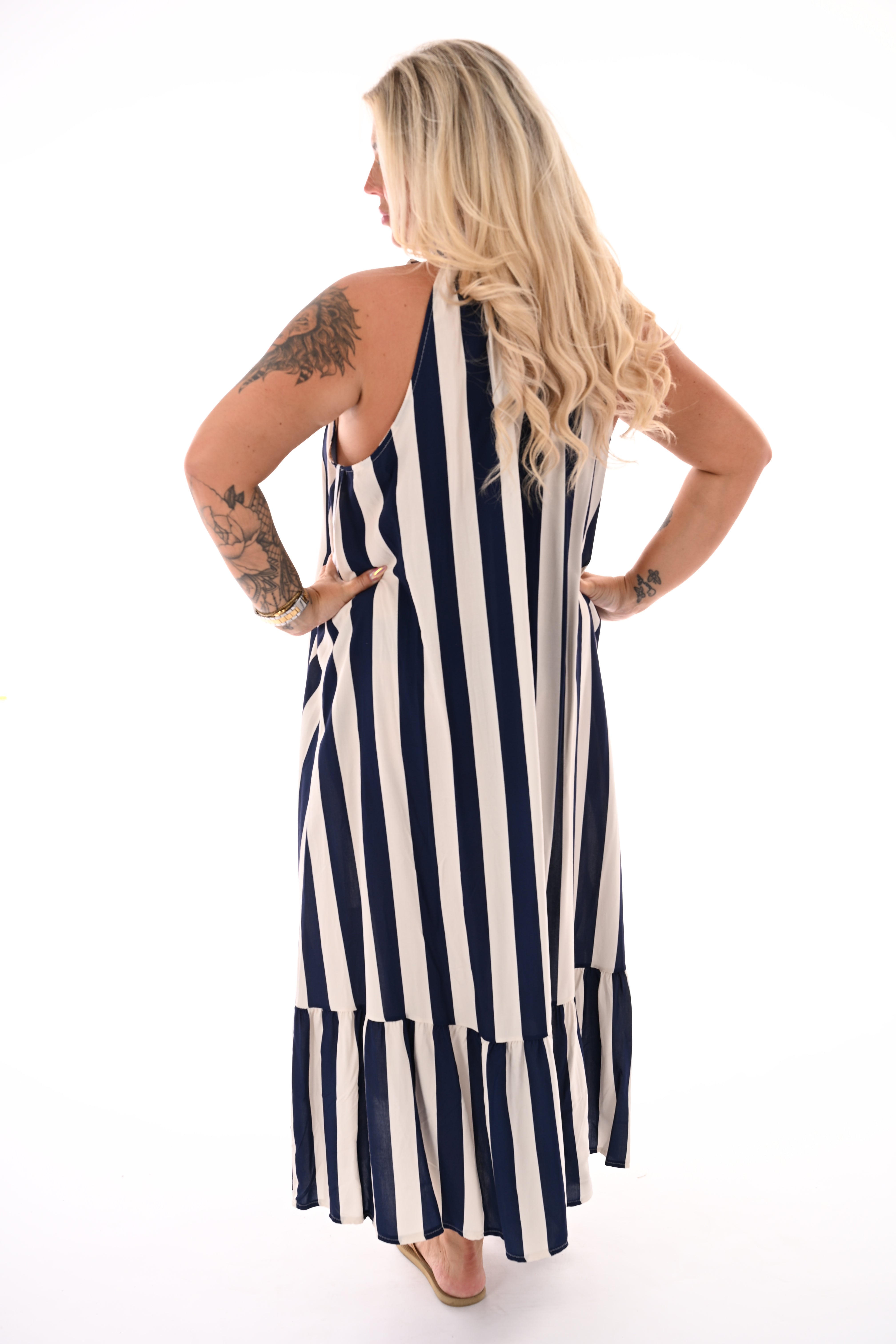 Lange halter jurk met strepen creme/marineblauw
