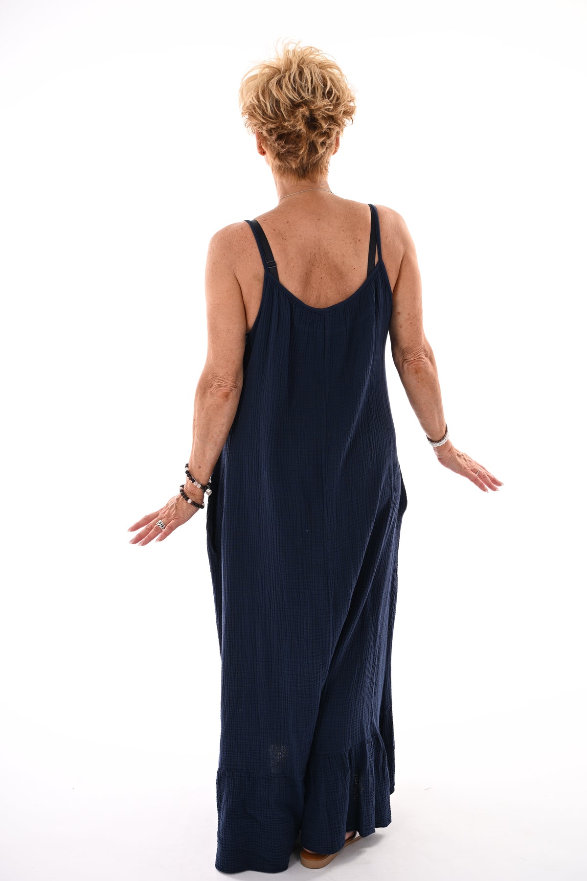 Lange wafel jurk smalle bandjes uni marineblauw