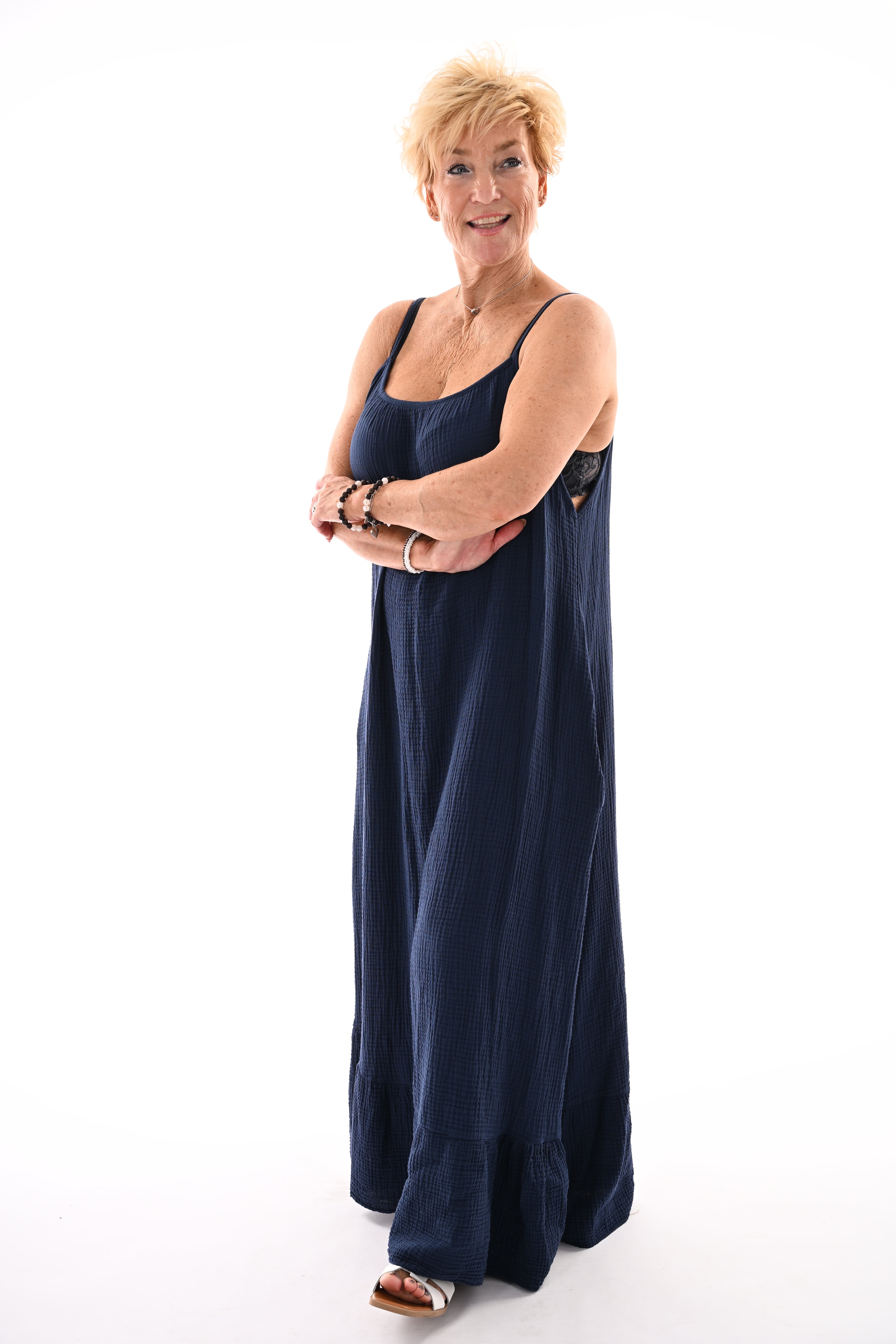 Lange wafel jurk smalle bandjes uni marineblauw