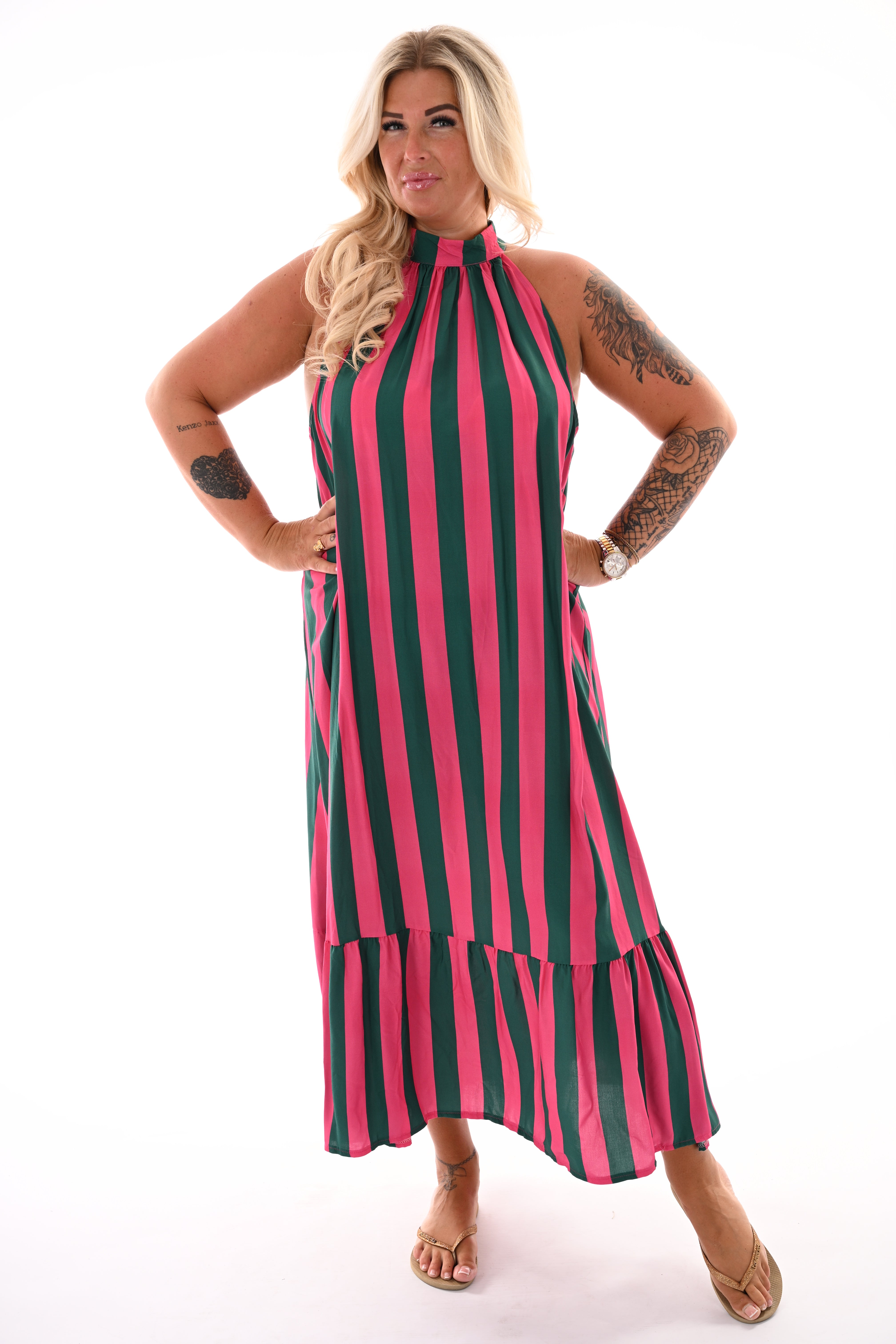 Lange halter jurk met strepen fuchsia/groen