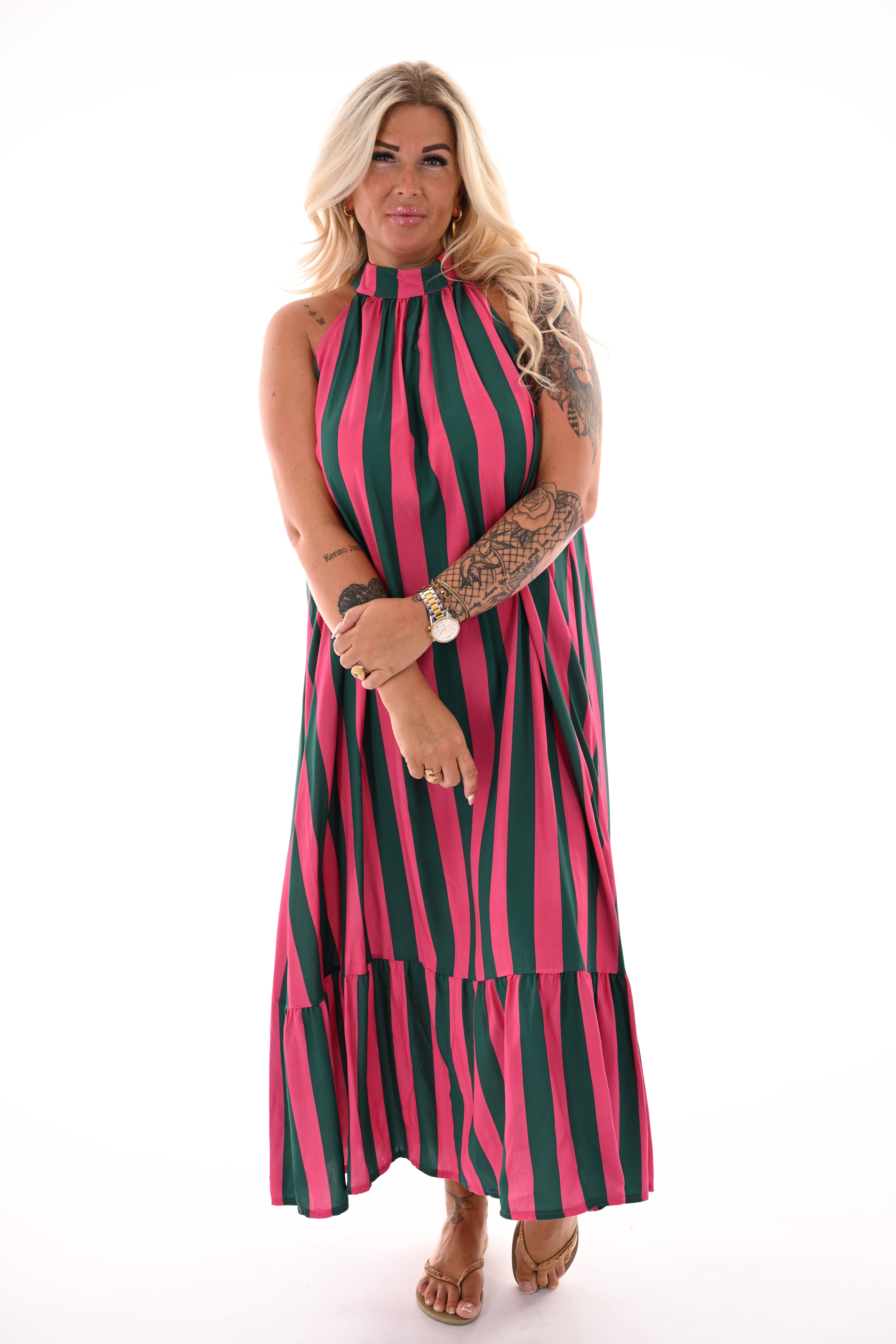 Lange halter jurk met strepen fuchsia/groen