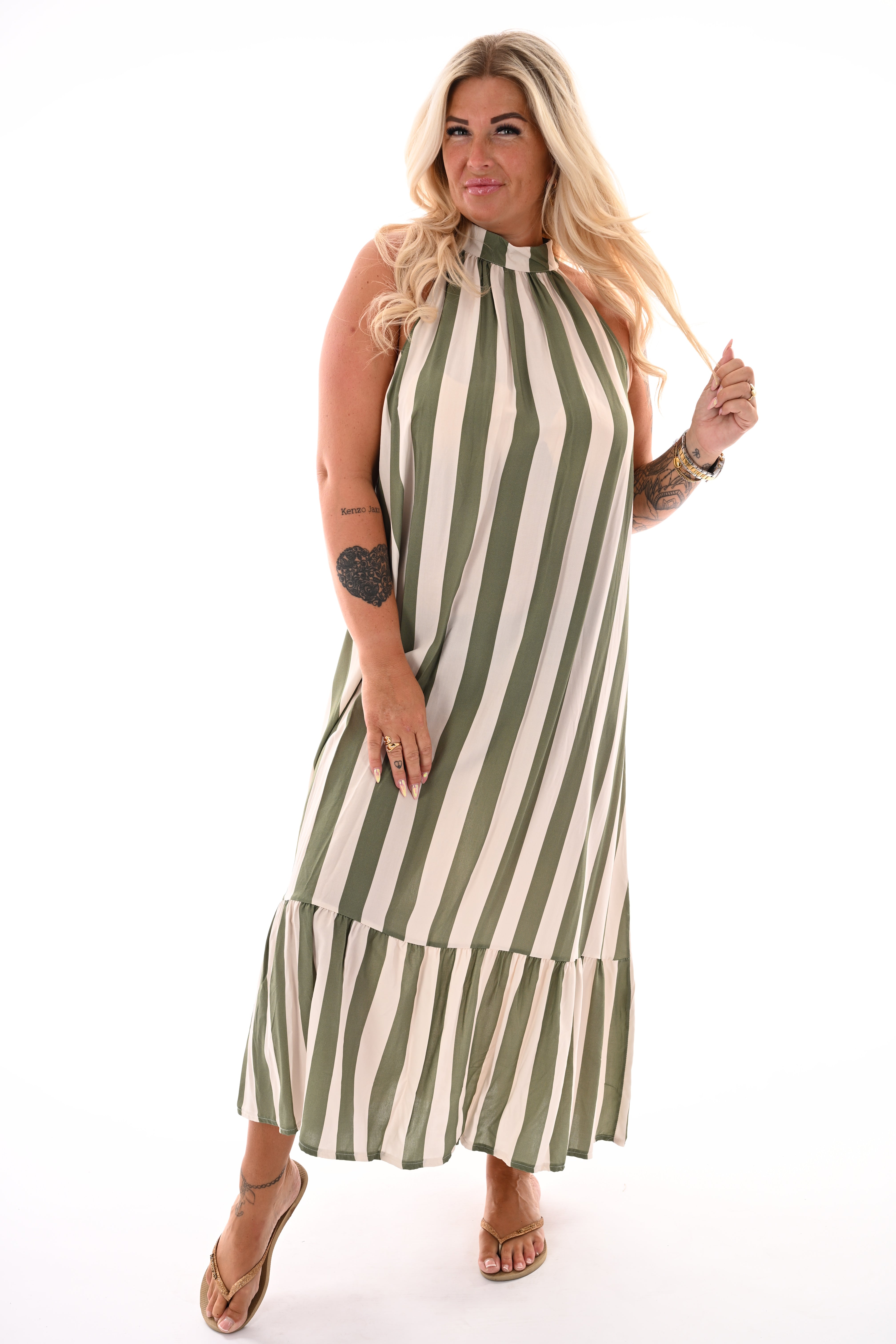 Lange halter jurk met strepen creme/legergroen