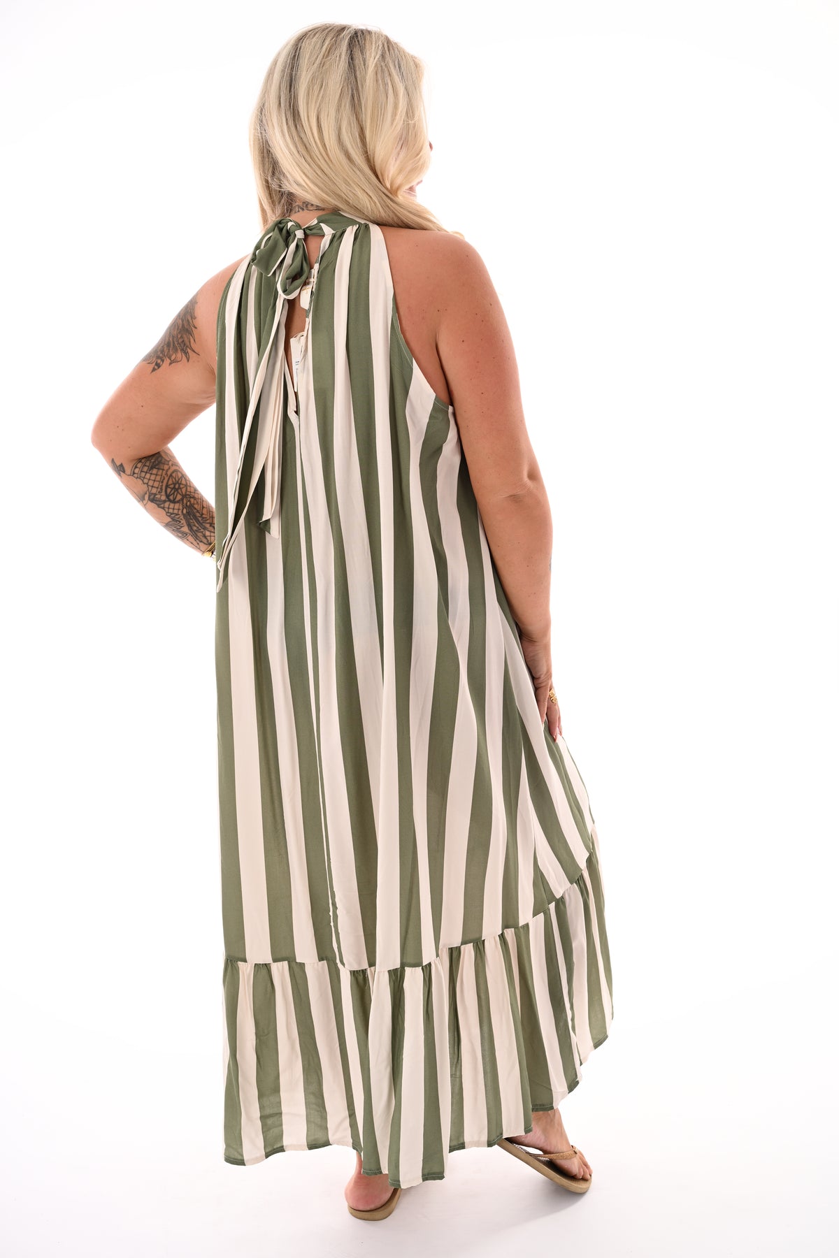 Lange halter jurk met strepen creme/legergroen