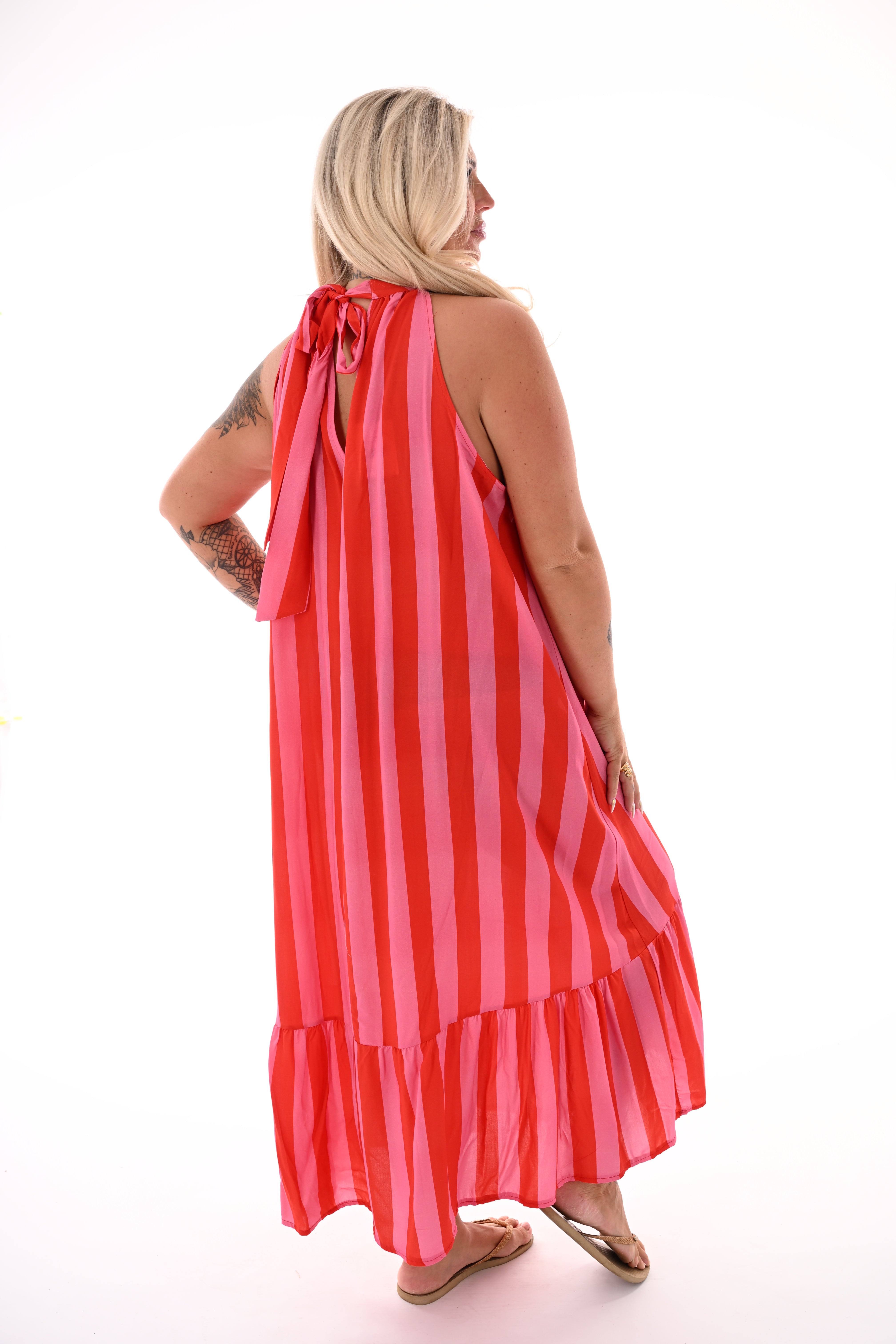 Lange halter jurk met strepen roze/rood