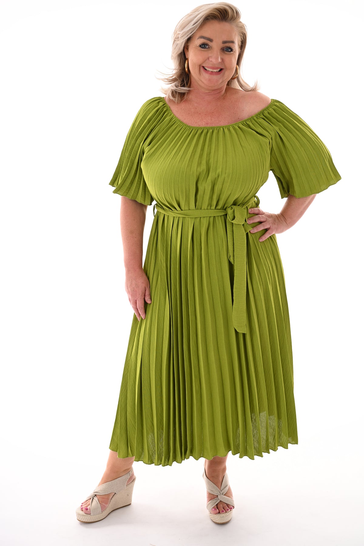 Plisse jurk met ceintuur uni lime
