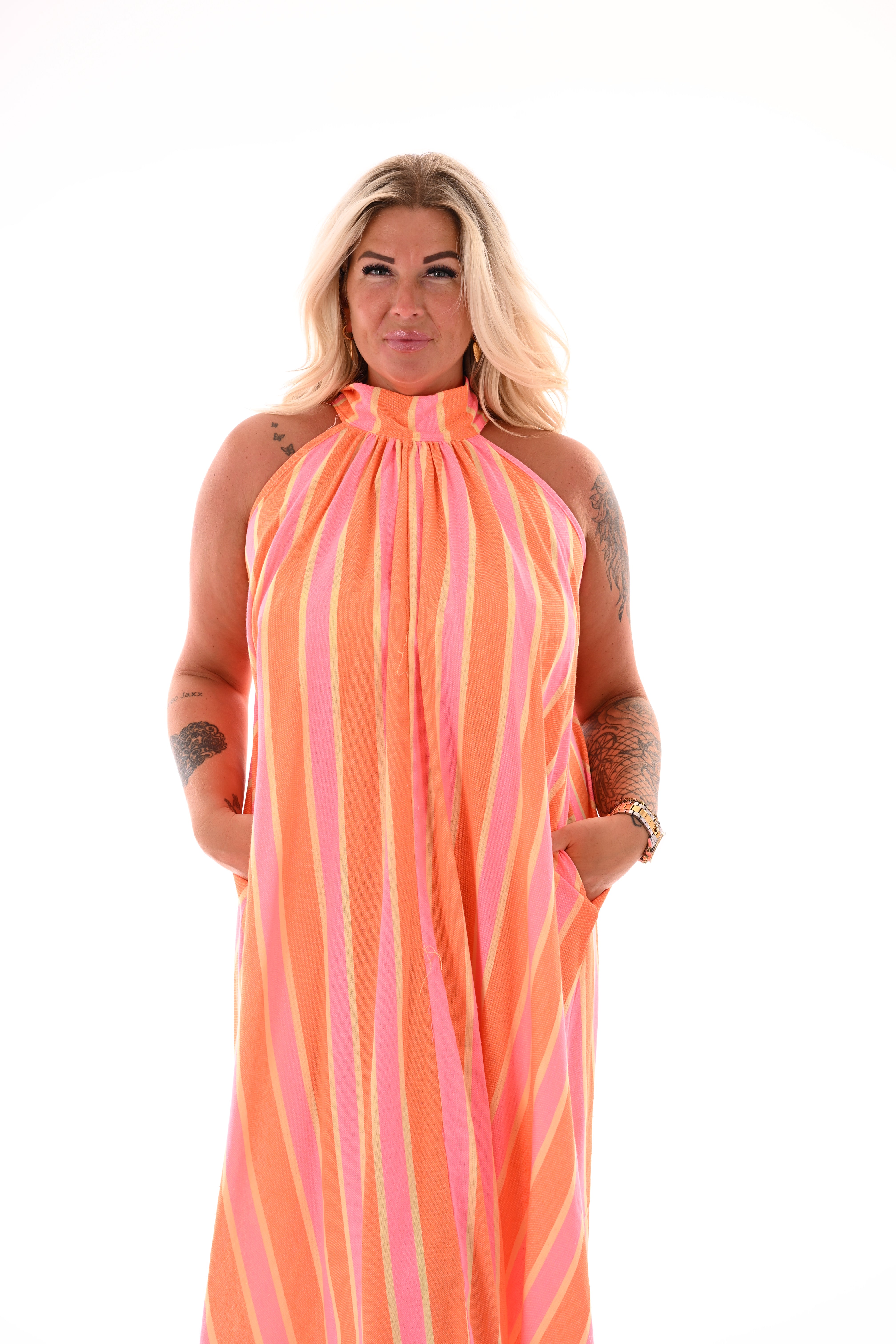 Halter jurk strepen feloranje/felroze