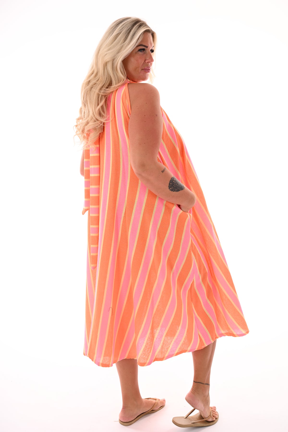 Halter jurk strepen feloranje/felroze