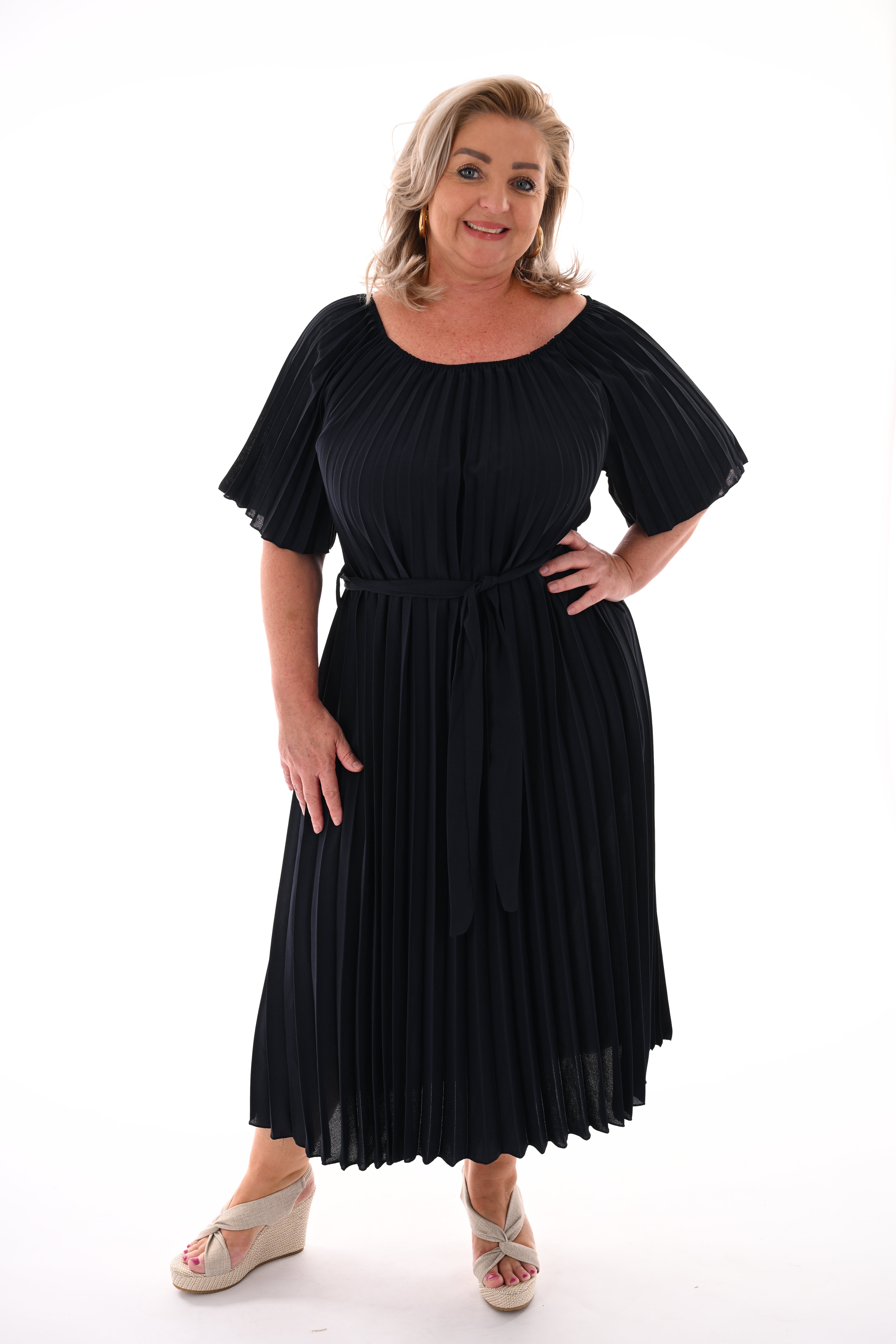Plisse jurk met ceintuur uni marineblauw